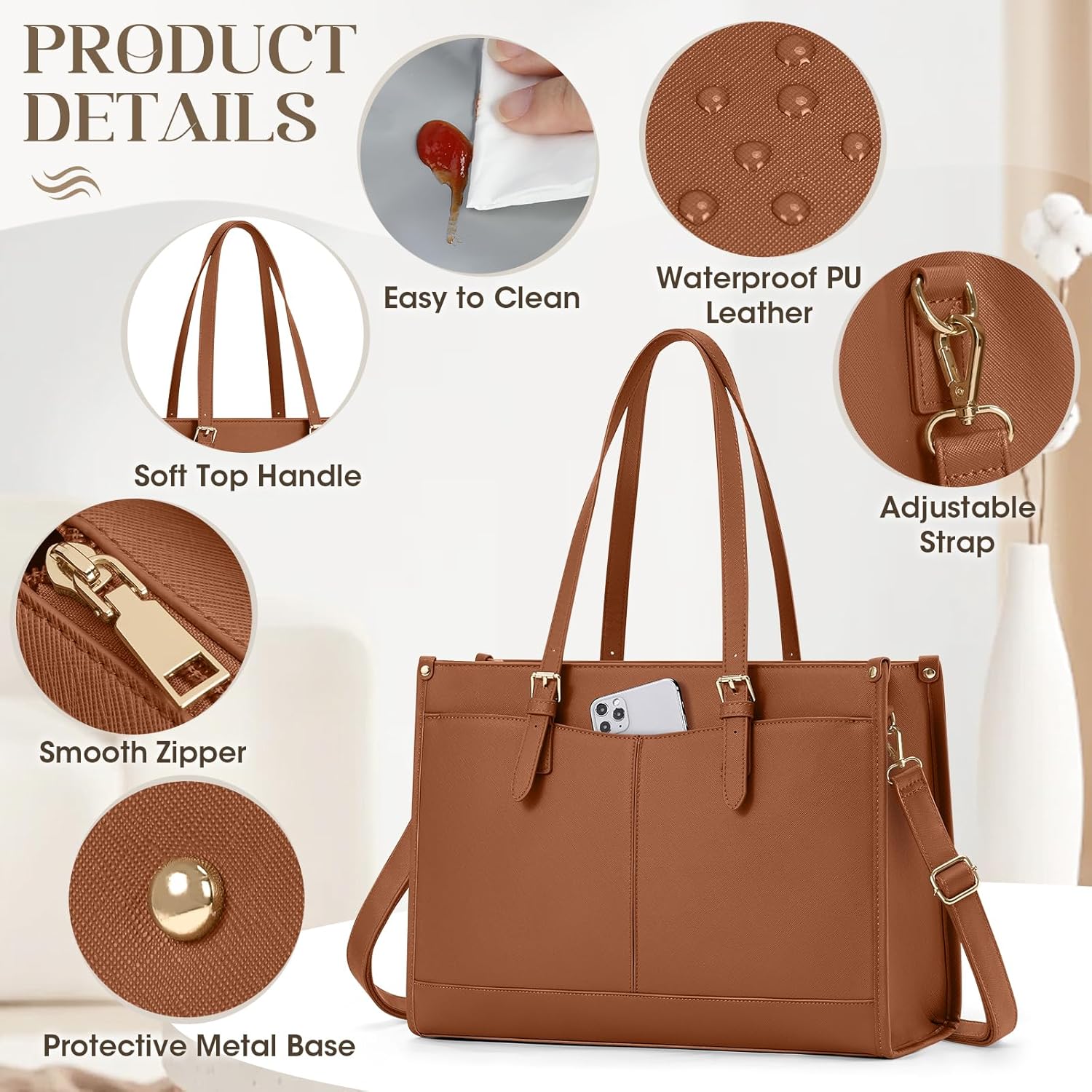 Thumbnail 6 de RAINSMORE Laptoptasche Damen mit isoliertem Lunchfach 15,6 Zoll – wasserdichtes PU-Leder, Braun