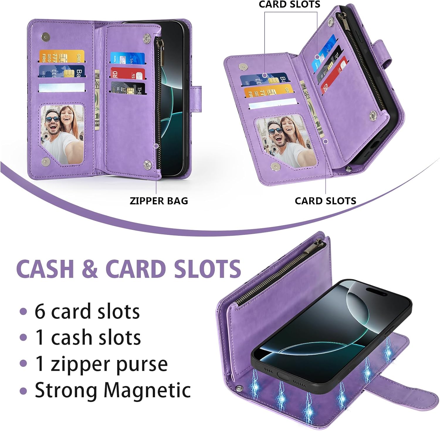 Thumbnail 3 de Asuwish Wallet Case for iPhone 17 Pro (6.3 inch) with Zipper, Detachable Straps and Tempered Glass Screen Protector
