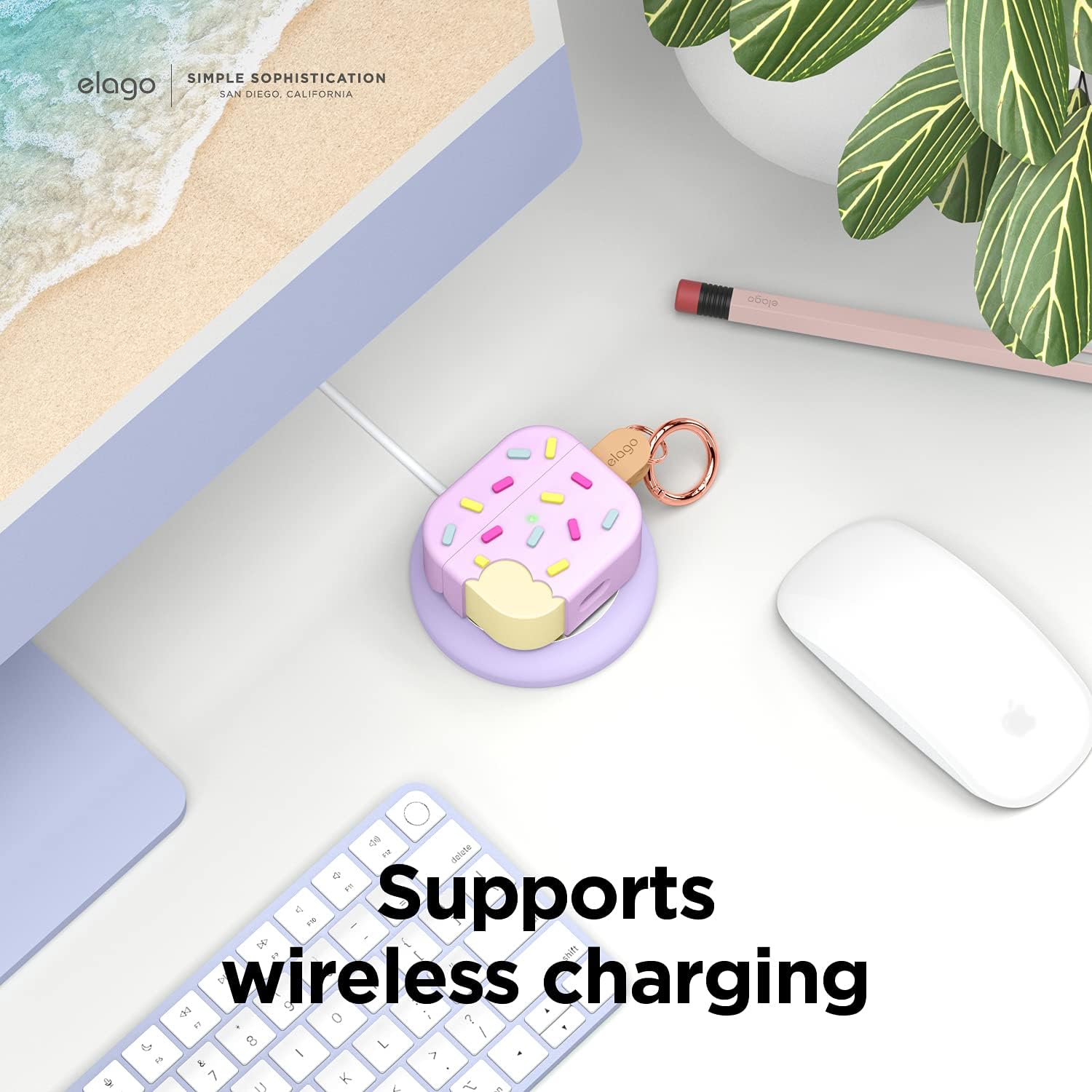 Detalle 2 de elago Coque Glace avec mousqueton pour AirPods 3 – protection avec recharge sans fil (myrtille)