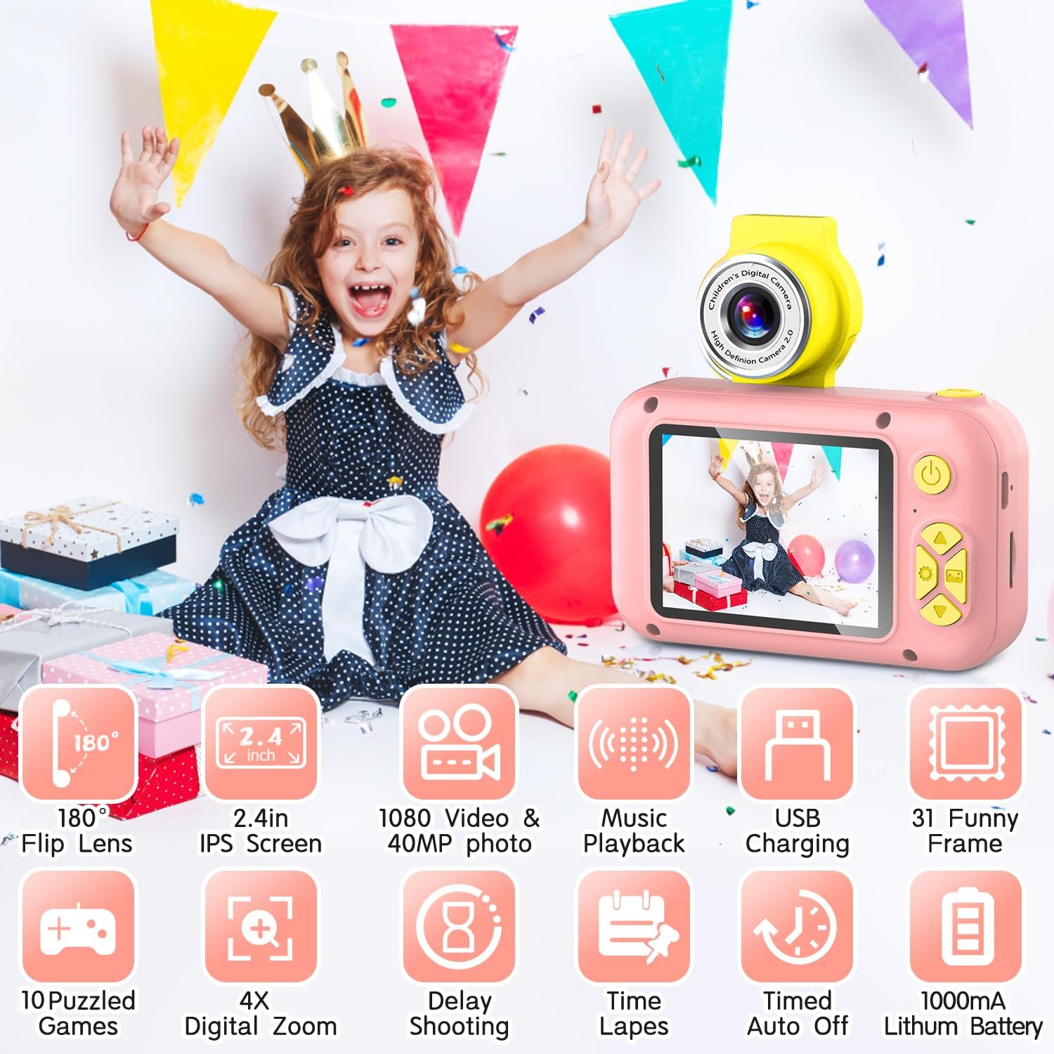 Thumbnail 1 de ARNSSIEN Kids Camera (X101) 2.4 Inch IPS 180° Flip Lens – Pink