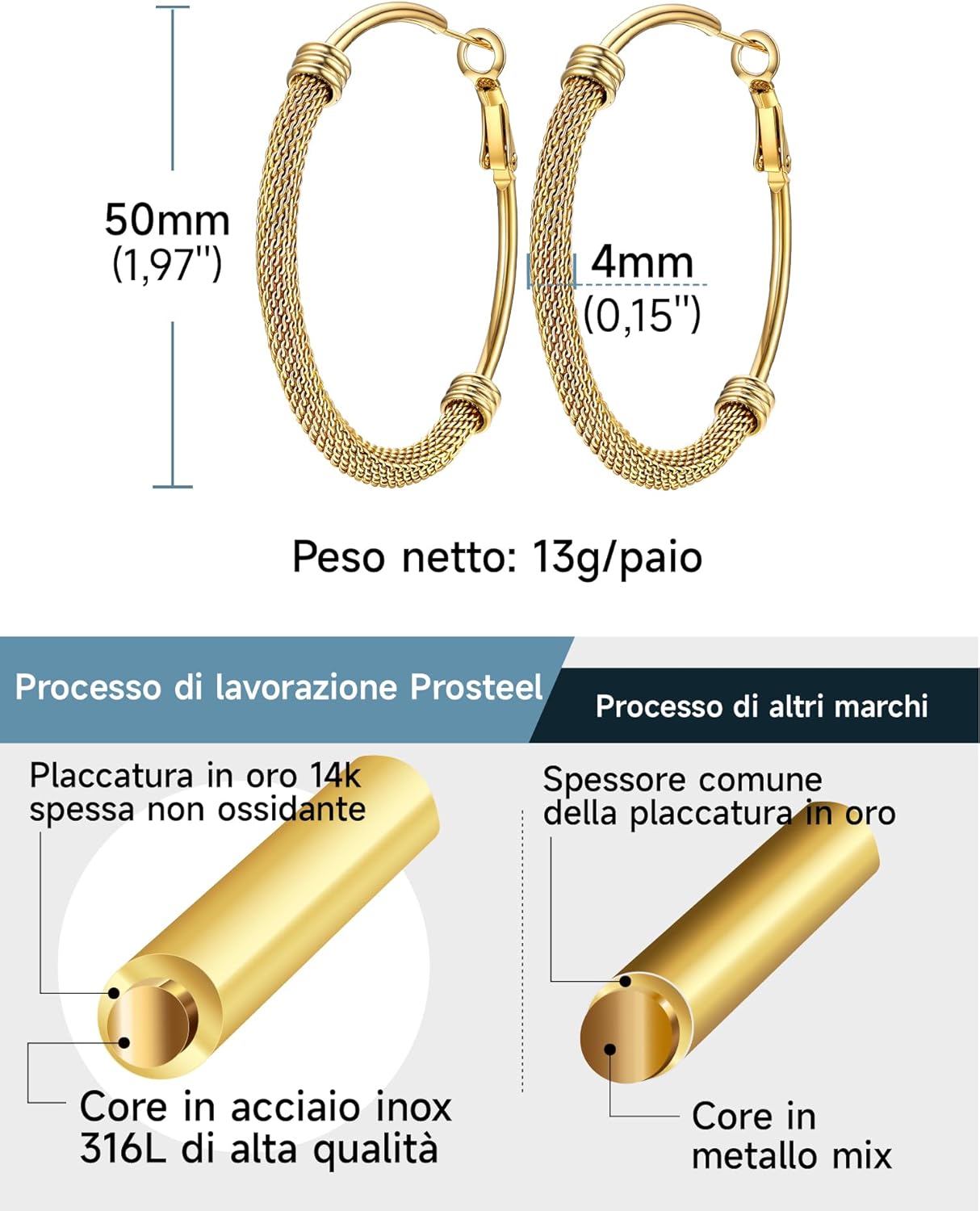 Thumbnail 4 de PROSTEEL Orecchini Cerchio a Maglia Metallica – 20–80 mm, acciaio ipoallergenico, chiusura minimalista, regalo elegante
