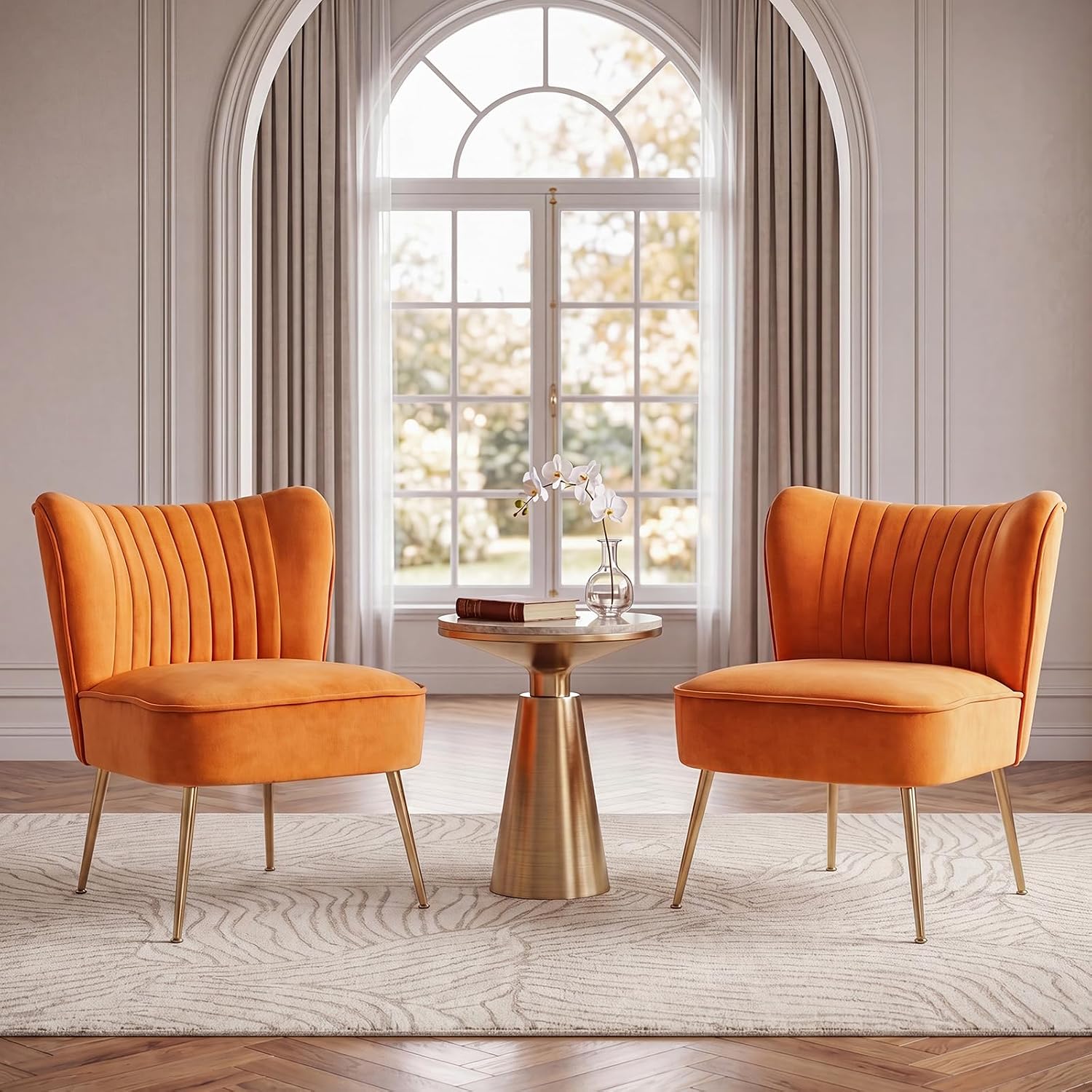 Detalle de chairus set van 2 fluwelen fauteuils, oranje, met gouden poten