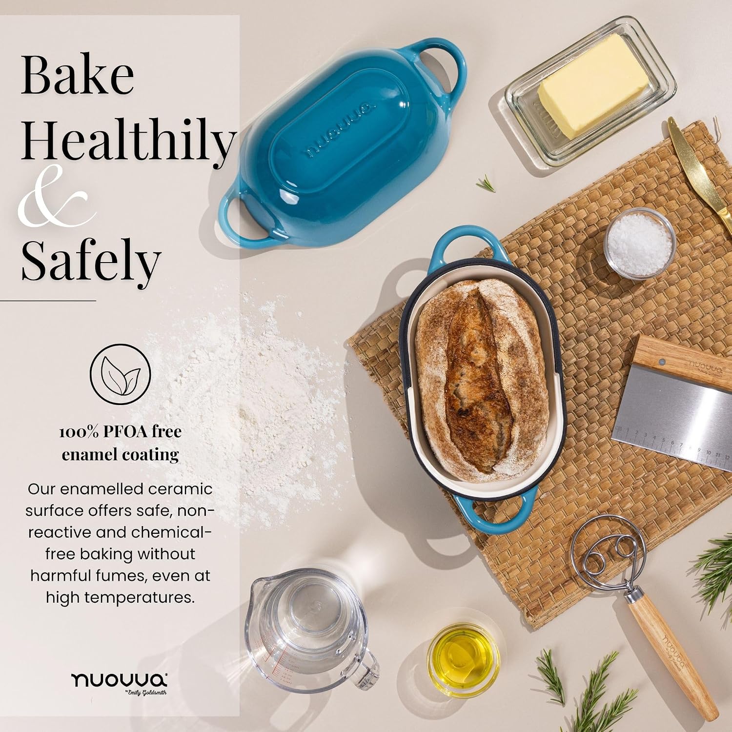 Detalle de Nuovva Enamelled Cast Iron Sourdough Dutch Oven – Rectangular Bread Loaf Pot, Light Blue