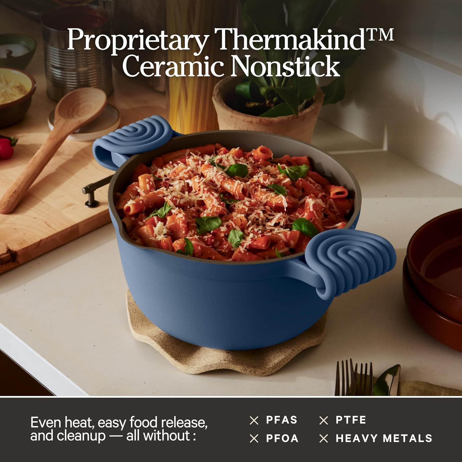 Detalle de Our Place Perfect Pot - 5.2 L Nonstick Ceramic Sauce Pan with Lid (Blue Salt)