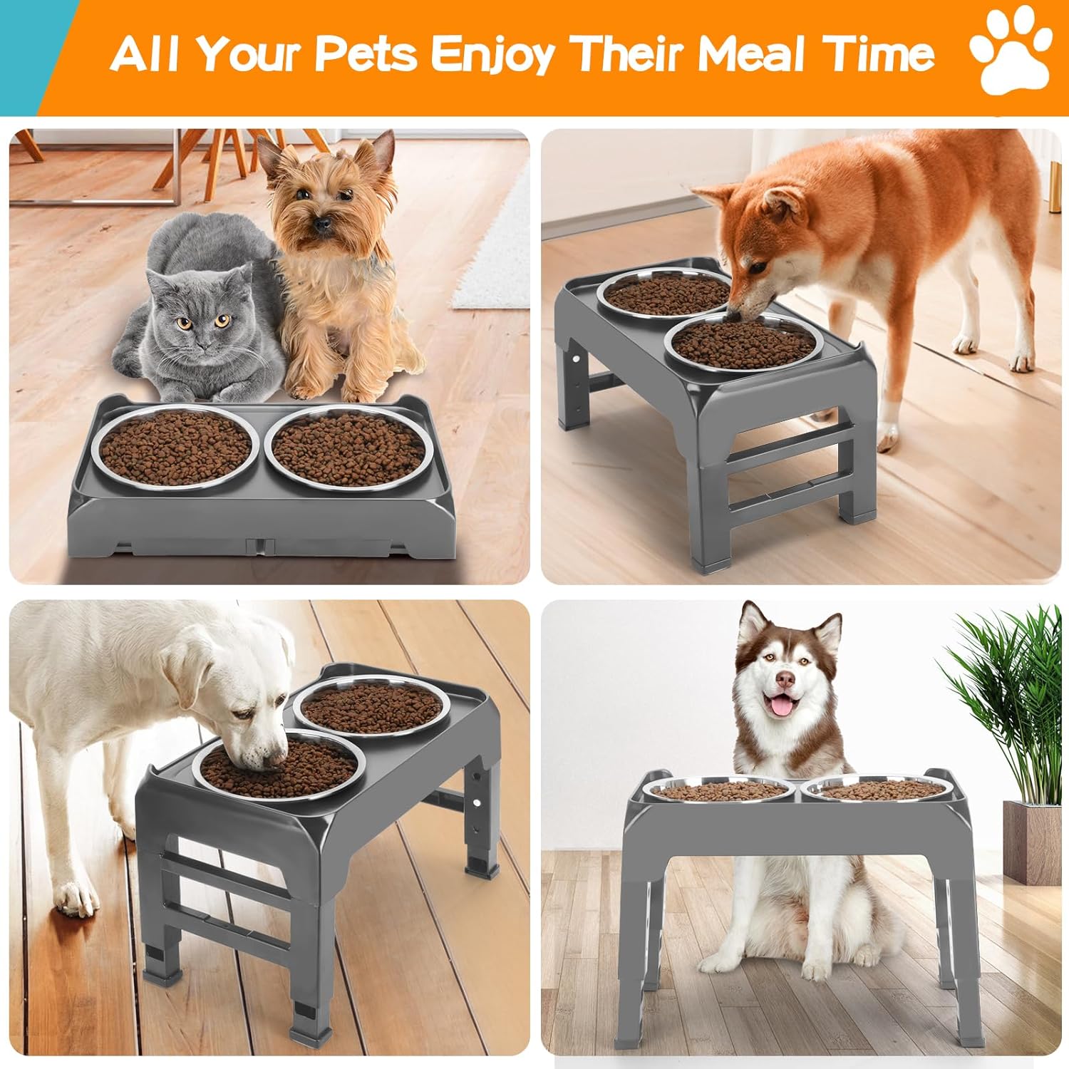 Thumbnail 4 de Elevated Bowls: 4-Height Adjustable Raised Stand with 2 Thick 50oz Stainless Steel Bowls