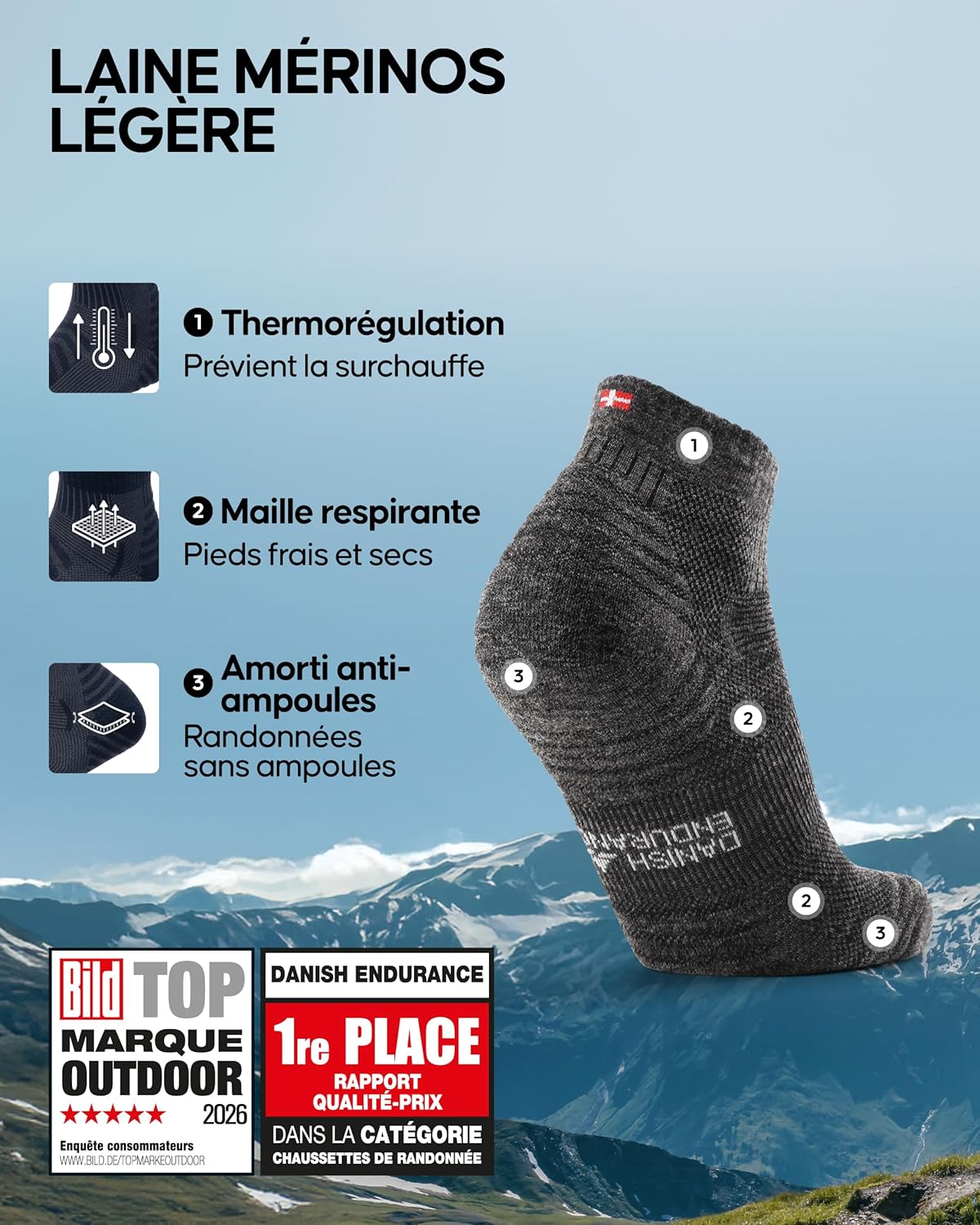 Detalle 2 de DANISH ENDURANCE Chaussettes de Randonnée en Laine Mérinos Légères – lot de 3 (Unisex)