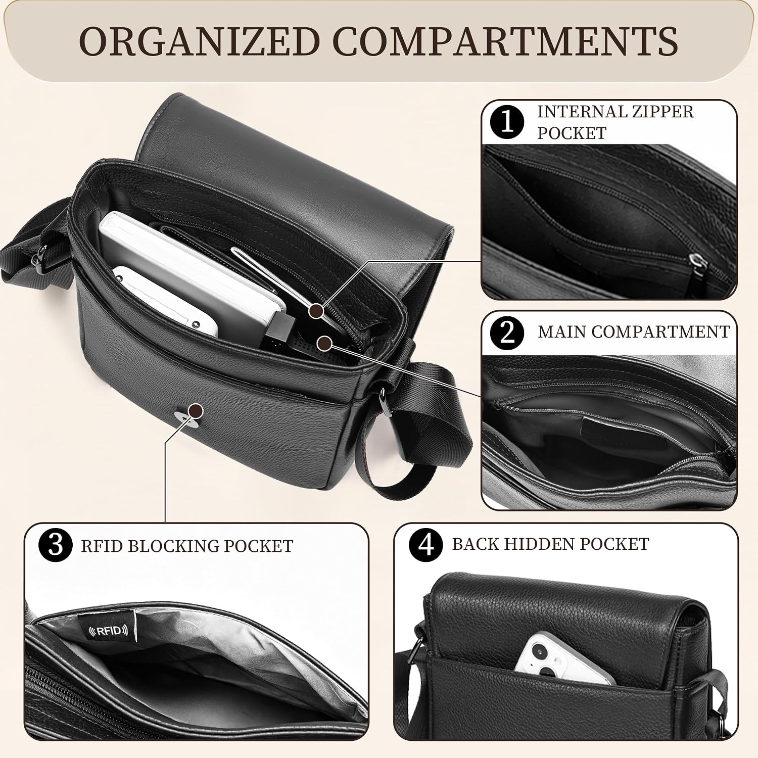 Thumbnail 4 de Eshow RFID Leather Shoulder Bag for Men – Adjustable Crossbody Utility for Work, School and Travel