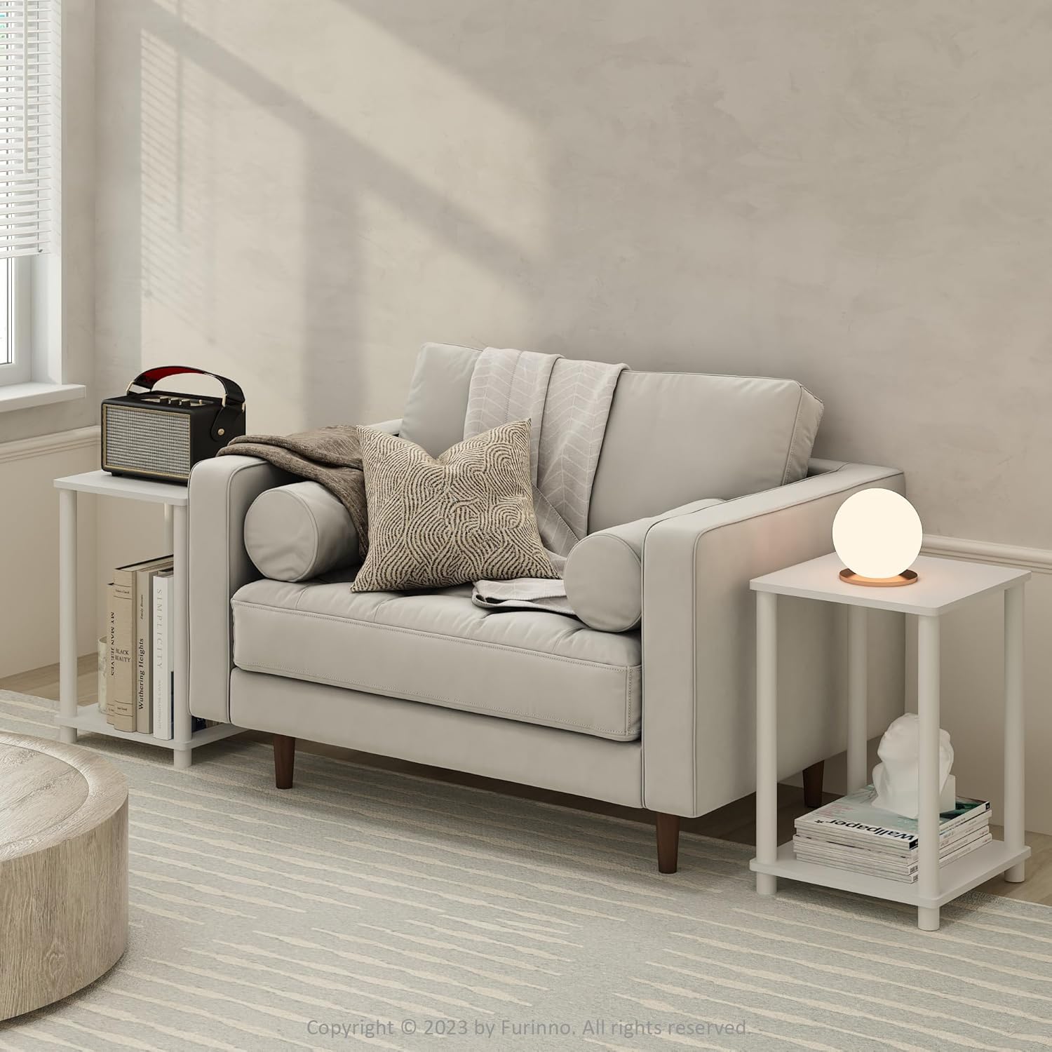 Detalle 2 de Furinno TURN-N-TUBE Tavolino Laterale Set di 2 – 2 Ripiani, Impilabili, Senza Attrezzi, Bianco