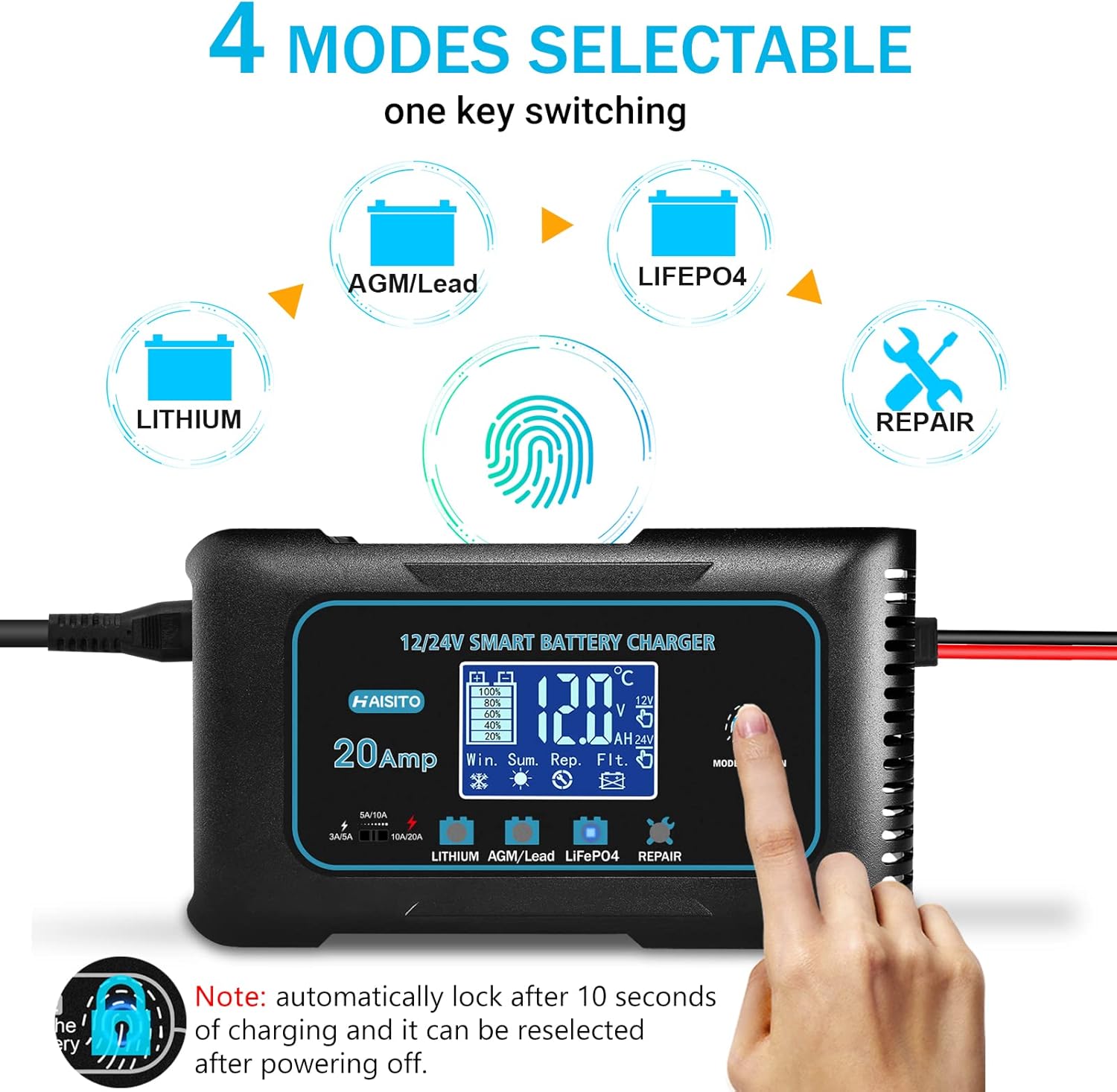 Thumbnail 1 de Haisito 20-Amp Smart Battery Charger (12V/24V) with LiFePO4 & Lead-Acid Support