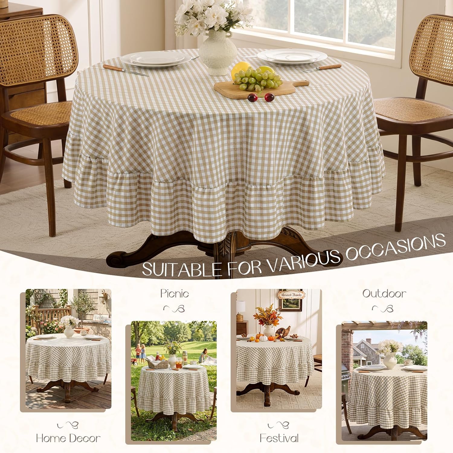 Thumbnail 5 de Romanstile Gingham Round Tablecloth with Ruffles - Taupe, 70-Inch, Water-Resistant Linen Cotton (Outdoor Use)