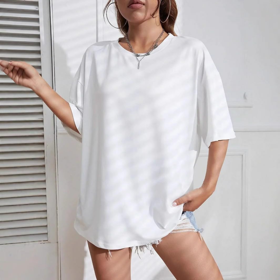 Detalle de Oversized Damen T-Shirt aus Baumwolle (Kurzarm, Rundhalsausschnitt) mit Druck – Sommer Casual Top für lässige Outfits