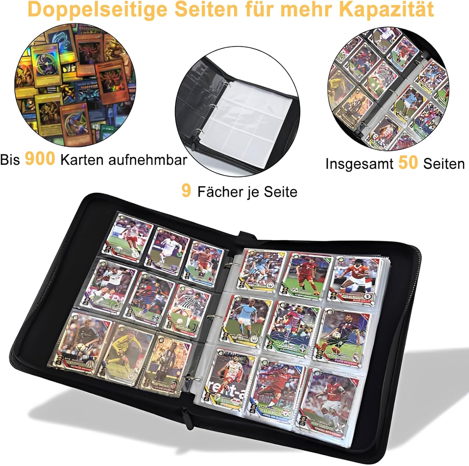 Detalle de Brizuf 001 samlarkortalbum för 900 kort, svart PU med dragkedja