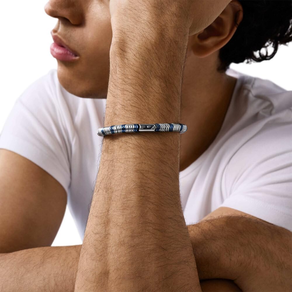Detalle de Diesel Bracciale da uomo con perline semipreziose e chiusura a moschettone in acciaio inox, colore Argento