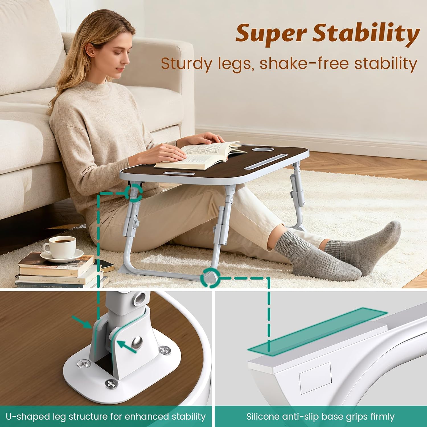 Detalle de MeisterPro Laptop Table Height Adjustable, Foldable Bed Desk with Cup Holder & Phone Slot (60 x 40 x 25–31 cm)