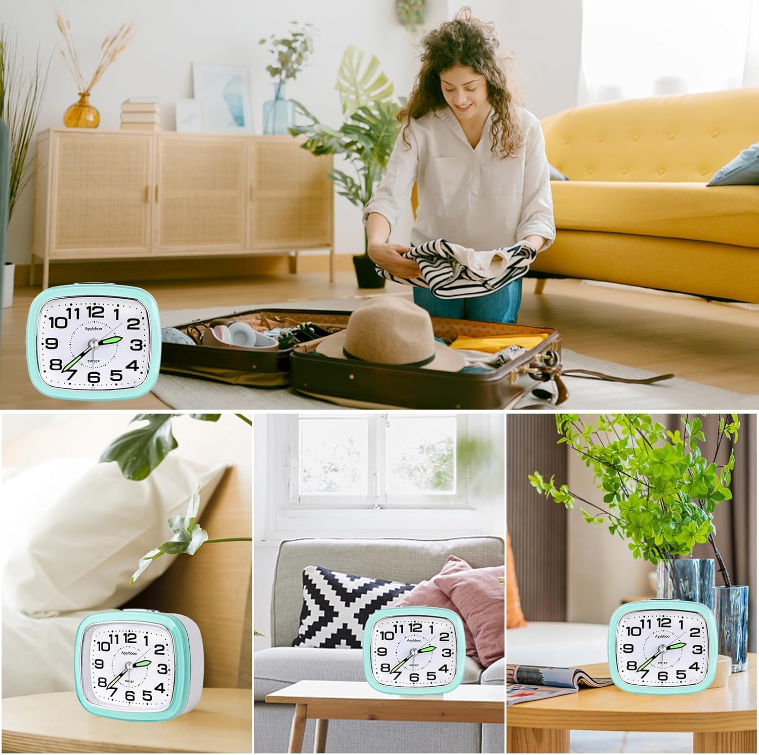 Thumbnail 6 de Ayybboo Alarm Clock Bedside: Silent Analogue Travel Alarm with Night Light and Snooze (Green)