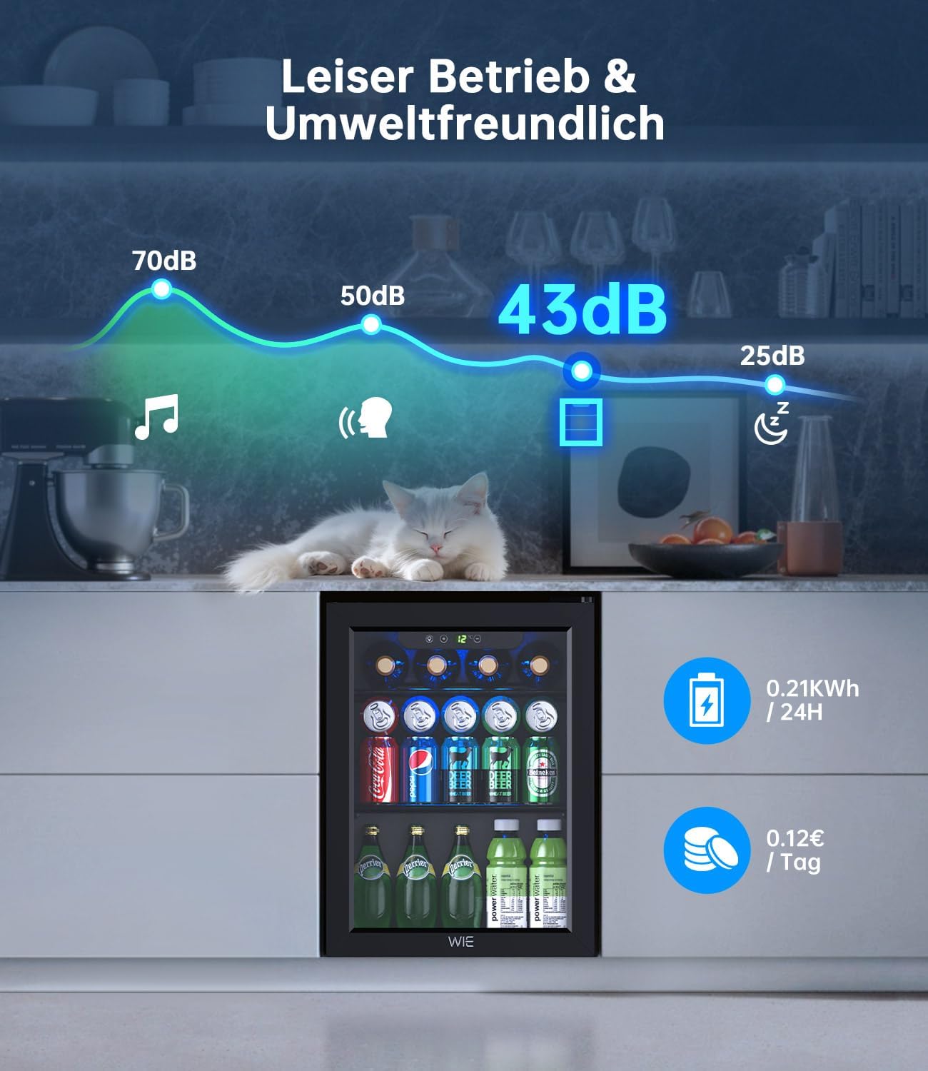 Detalle de WIE Getränkekühlschrank 48L mit Glastür – kompakter Allrounder für Küche, Büro und Bar