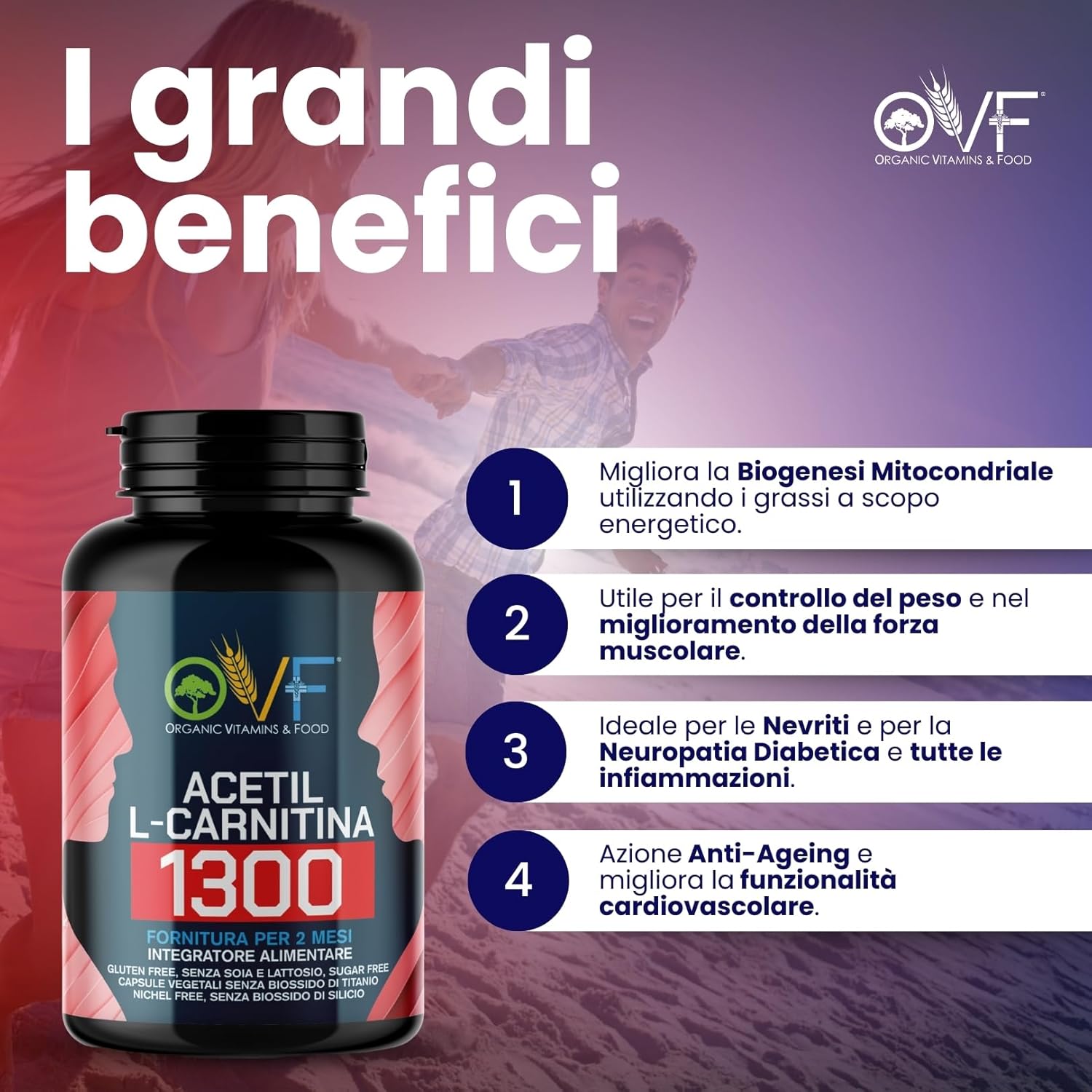 Detalle de OVF Acetil L-Carnitina 1300 mg 120 cps – energia e focus, Made in Italy