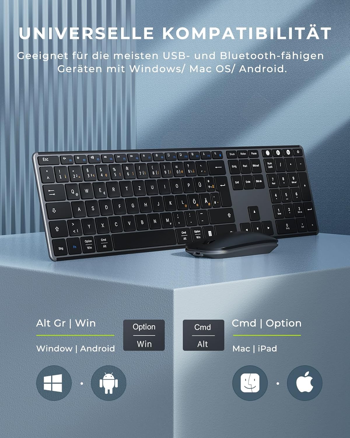 Thumbnail 2 de seenda SKM64-3 Bluetooth-Tastatur mit Maus-Set (kabellos) – 3 Geräte, QWERTZ, grau