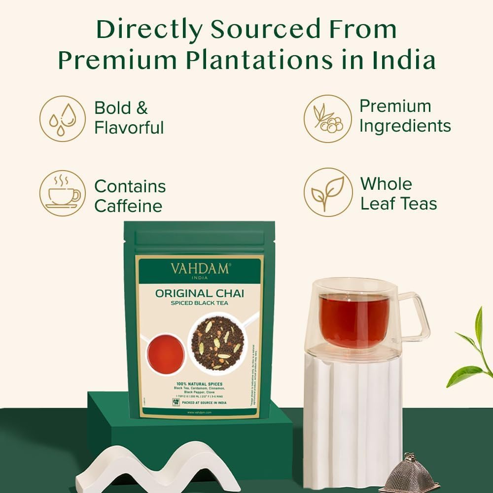 Detalle de VAHDAM Masala Chai Tee als losem Blatt (100 g) – schwarze Tee-Mischung mit Zimt, Kardamom, Nelken & schwarzem Pfeffer