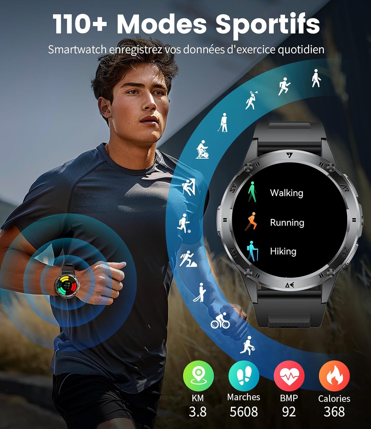 Thumbnail 5 de BENYAR SMART Montre Connectée Militaire 1.43" AMOLED – Bluetooth, IP68, 110+ Sports, Acier Noir