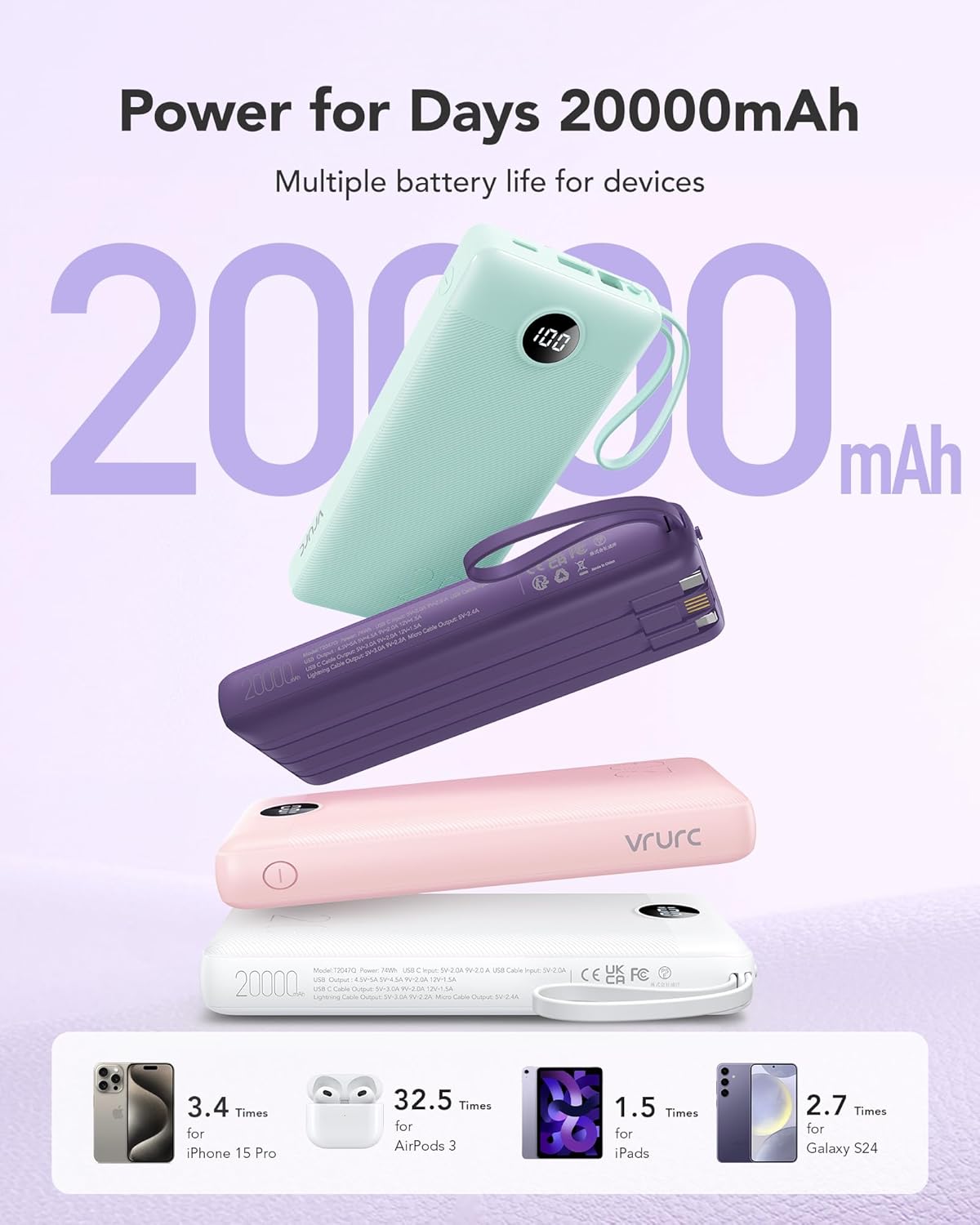 Thumbnail 1 de VRURC Batterie Externe 20000 mAh avec 4 câbles intégrés et USB-C (20 W) — Violet