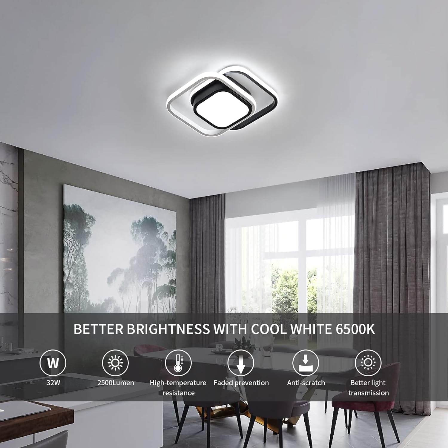 Detalle de Dorlink 2-Square Flush Mount LED Ceiling Light (32W, 2500LM, 6500K, Black & White)