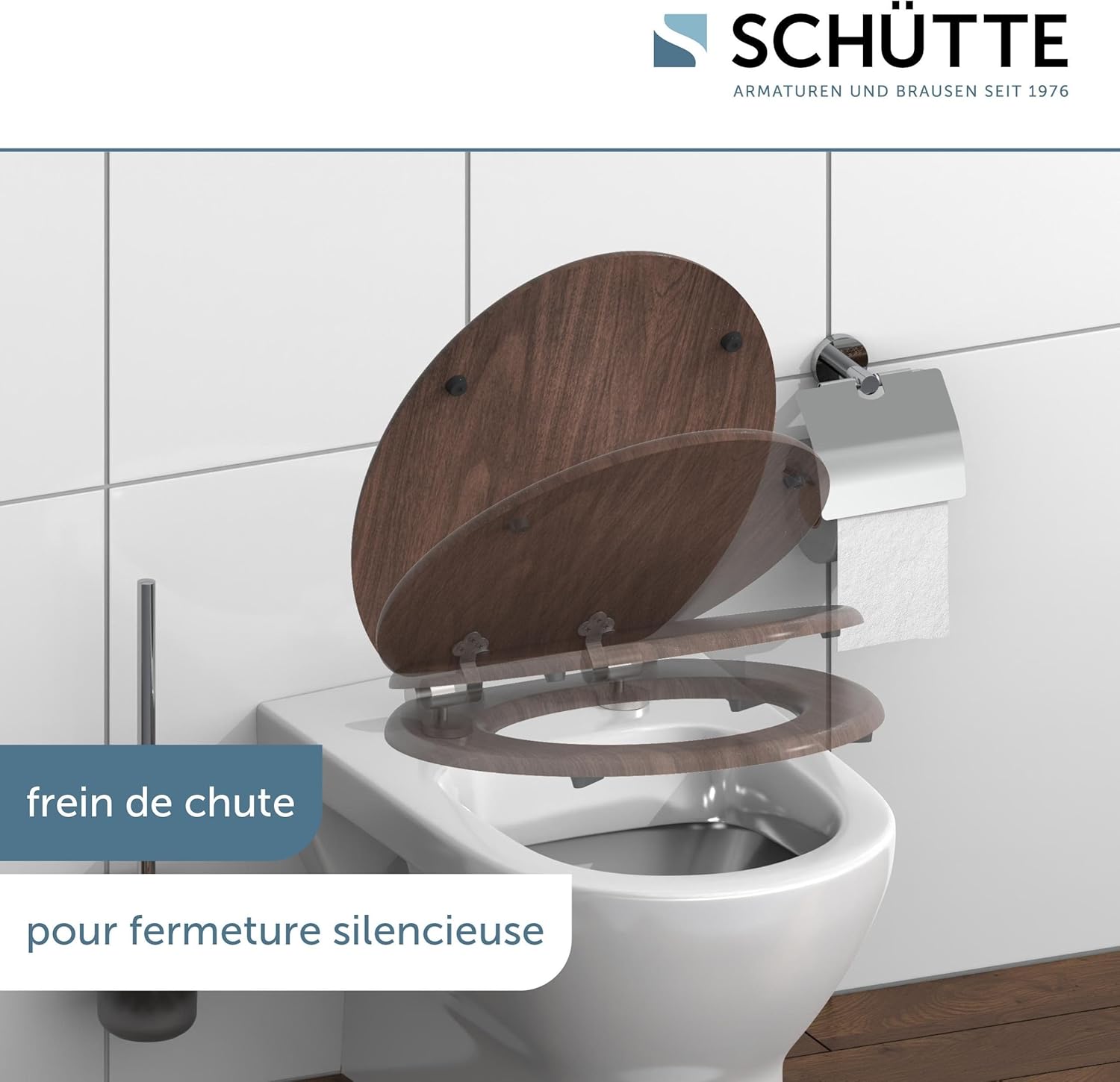 Detalle de SCHÜTTE DARKWOOD Siège de WC à abaissement automatique – bois et motif, charge 150 kg
