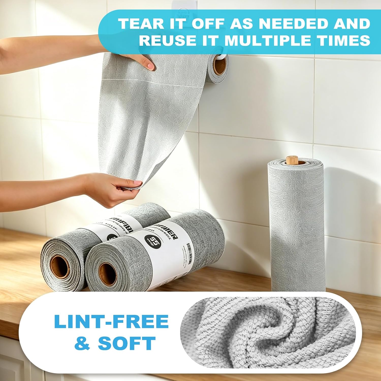 Detalle de Puomue 55 Pack Microfiber Cleaning Cloth Roll, 11x9 Inches, Tear-Away Reusable Towels