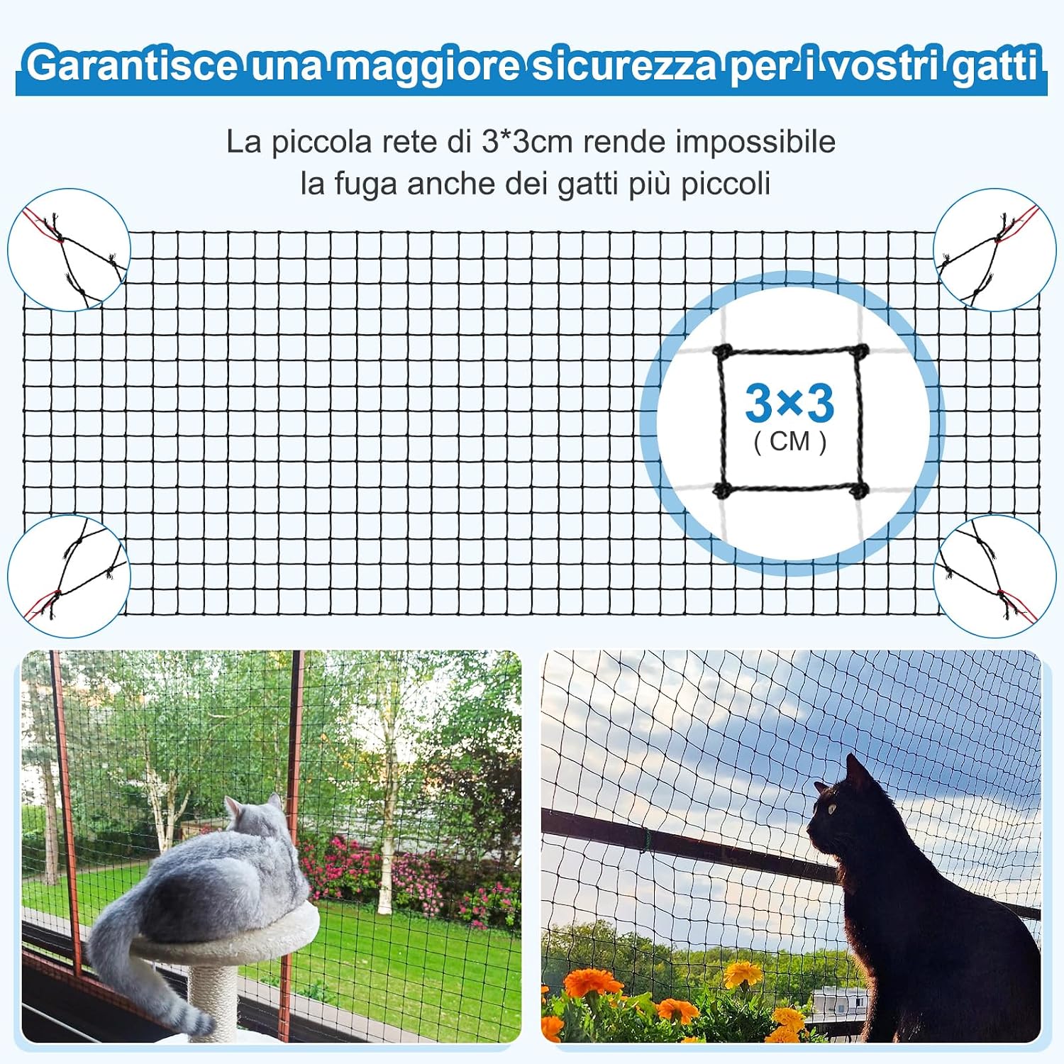 Detalle 2 de Rete per Gatti Aystkniet Extra Rinforzata con Filo – 6x3m, Protezione Balcone