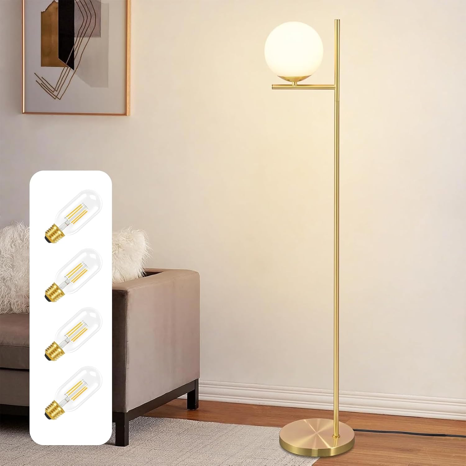 Detalle de ZMH Lampadaire moderne pour salon — 3 ampoules E27, design doré et boule de verre