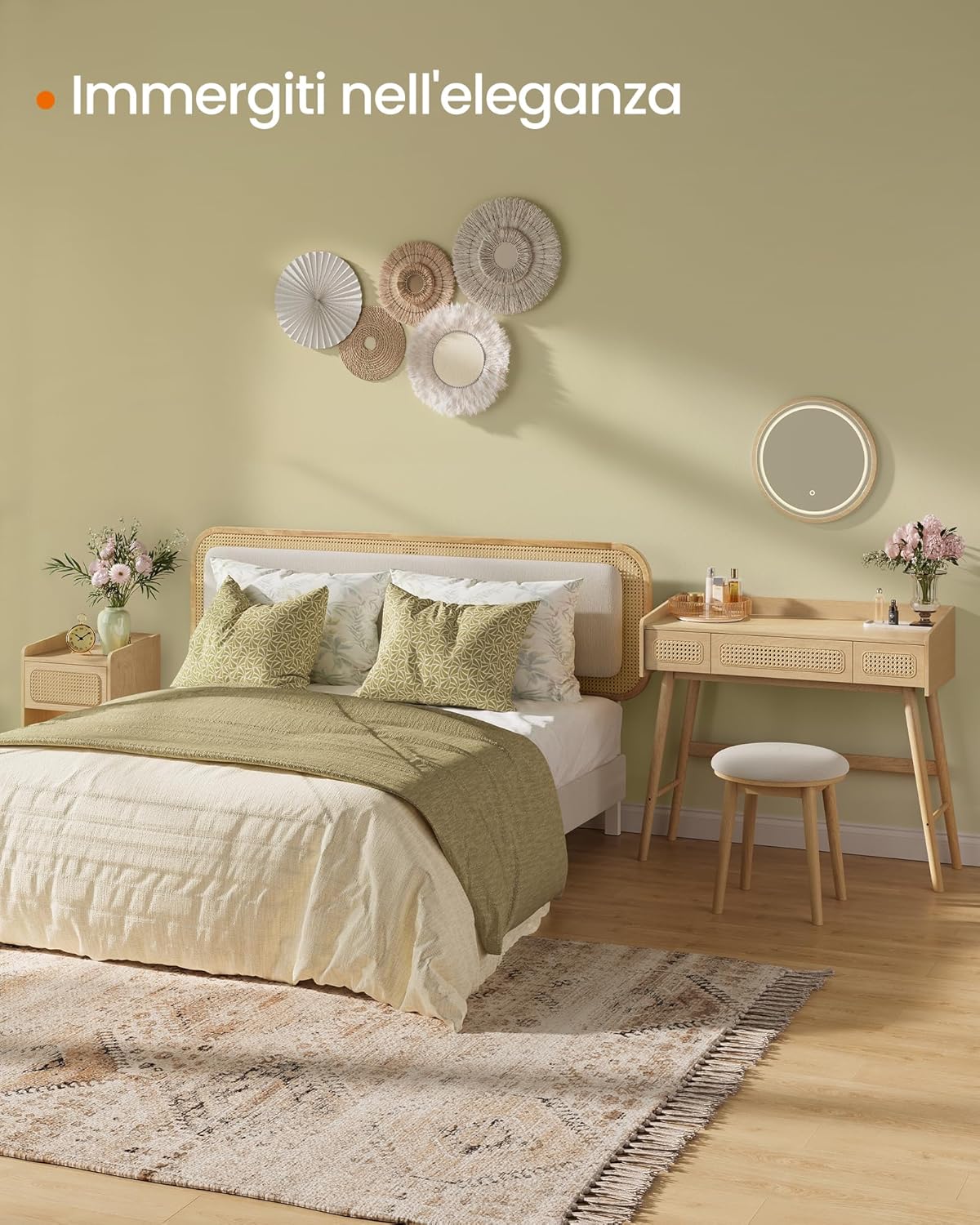 Thumbnail 6 de SONGMICS HOME BOHOVEN Collezione - Sgabello da toeletta rotondo, gambe in legno, poggiapiedi e rivestimento bouclé, bianco crema/beige rovere