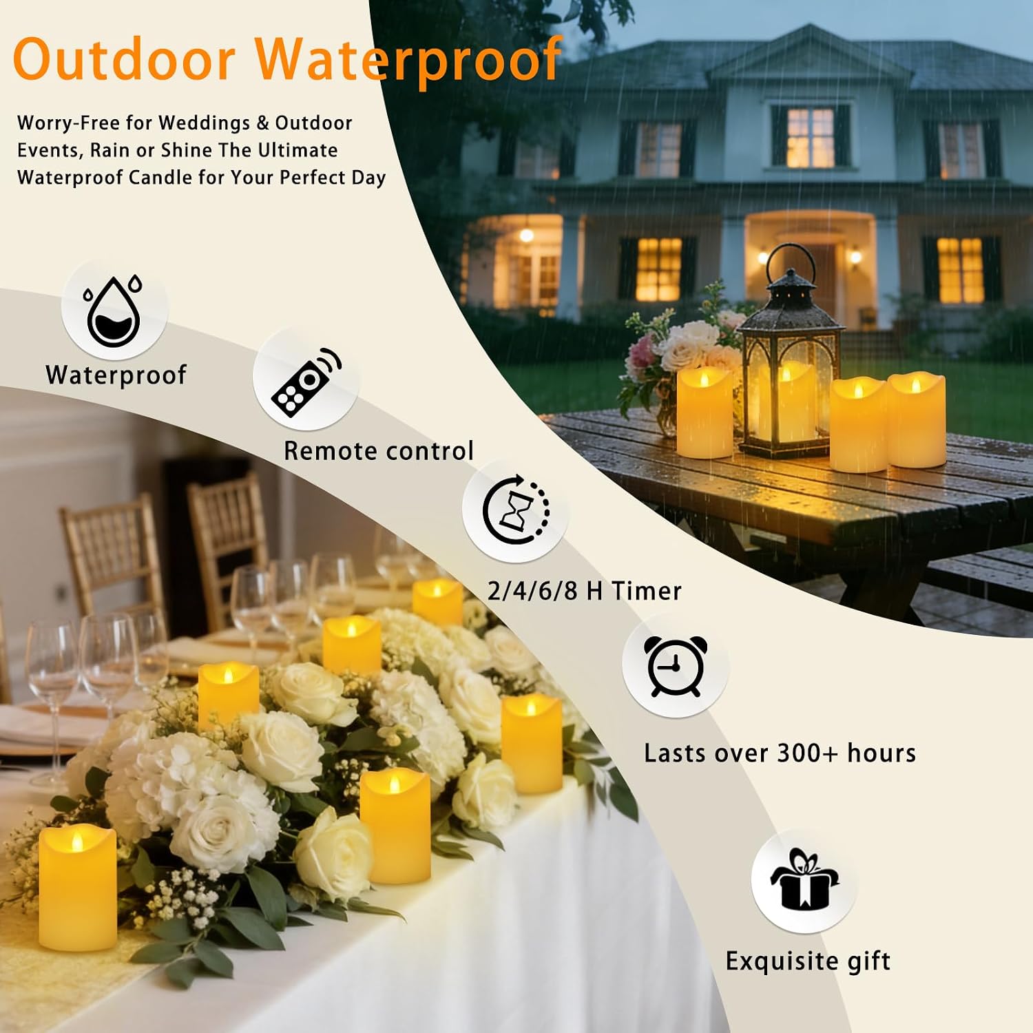 Detalle de Haown HY-SJ-001 Flameless Candle Set, 6 Ivory Waterproof LED Pillars