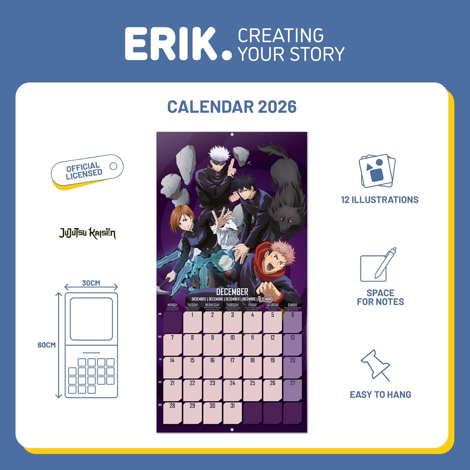 Detalle de Grupo Erik Jujutsu Kaisen Wall Calendar 2026 30cm