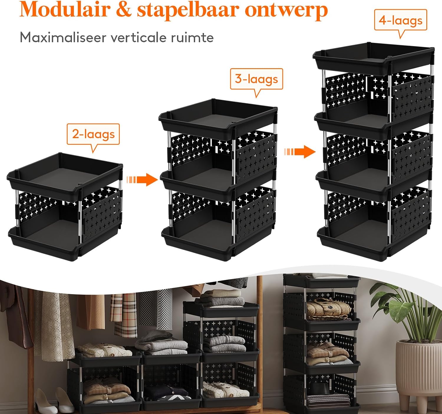 Detalle de Lifewit 23005 stapelbare opbergbakken, 4 niveaus, zwart, 35 x 30 x 72 cm