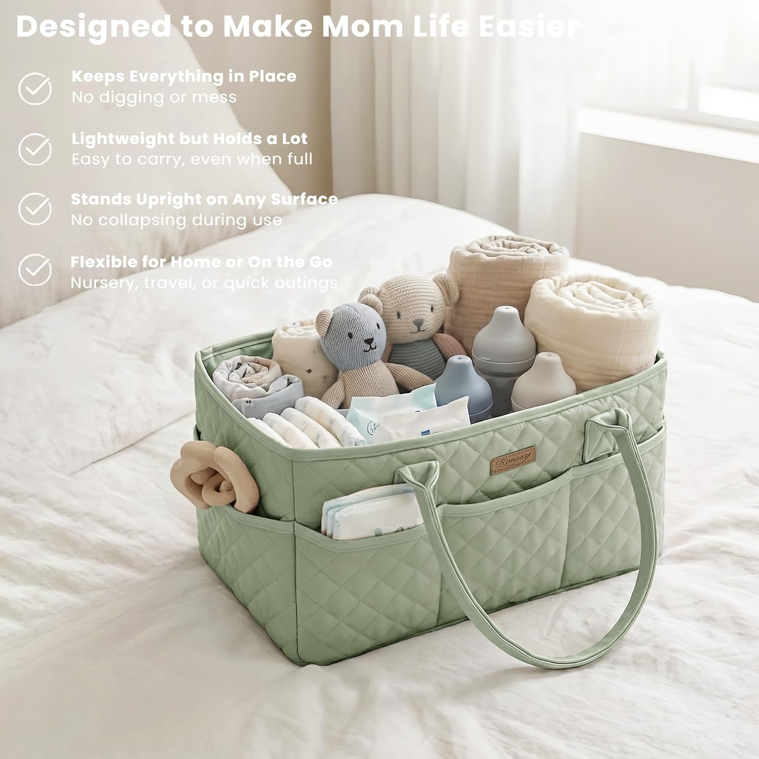 Detalle 2 de Konssy LLMMB-WL Baby Diaper Caddy, Fog Green Quilted Organizer with Removable Divider