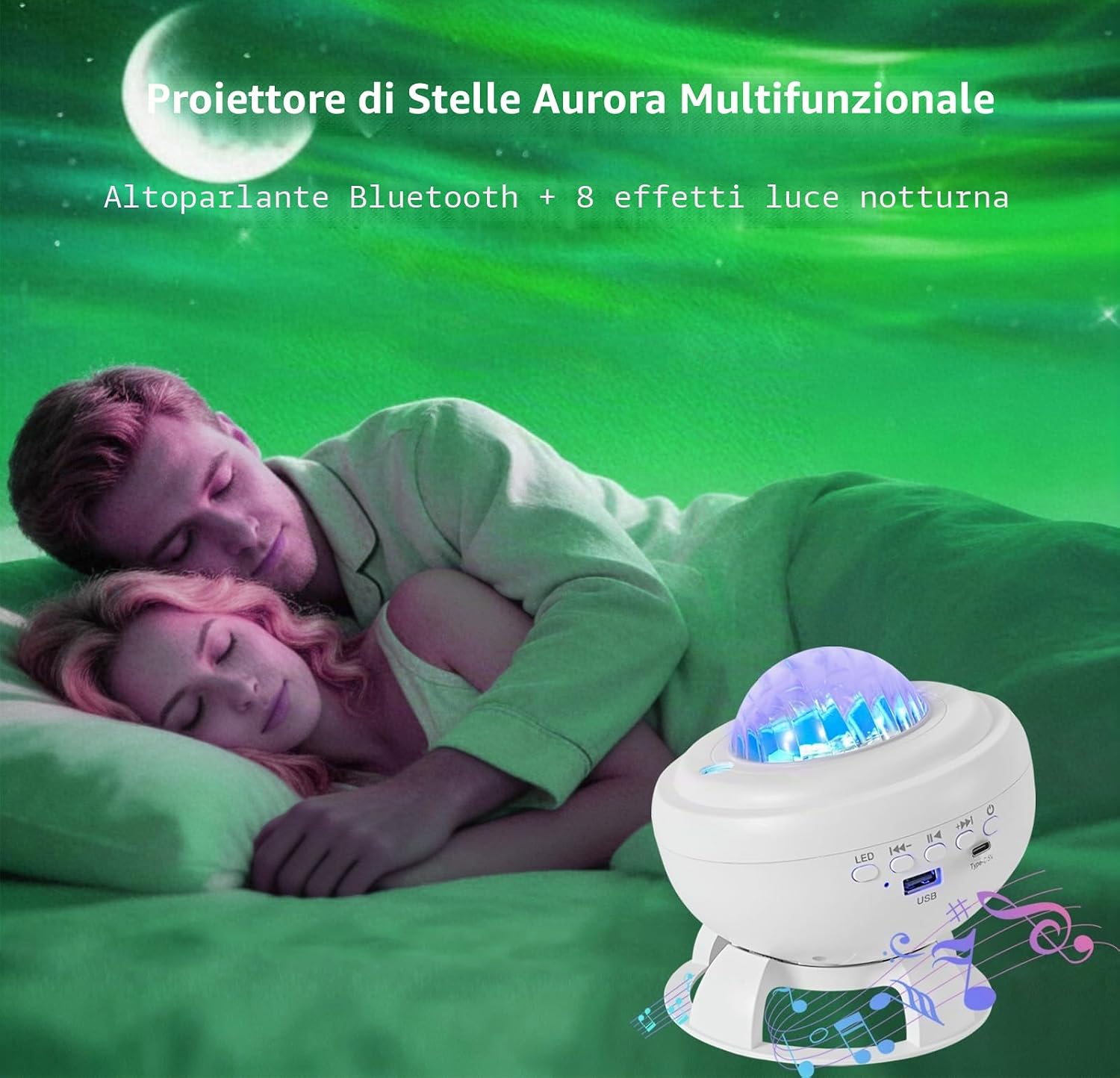 Detalle de Proiettore Stelle Soffitto LED con Lettore Bluetooth: 8 animazioni aurora boreale, altoparlante integrato e ricaricabile