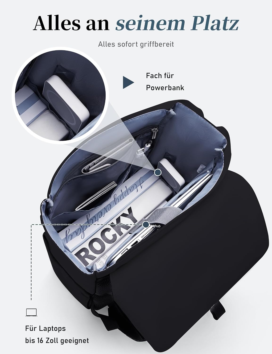 Detalle de ECOHUB Rucksack Damen 16 Zoll Laptop – City-Ansatz mit Diebstahlschutz, 8 Fächer und Trolley-Schlitz