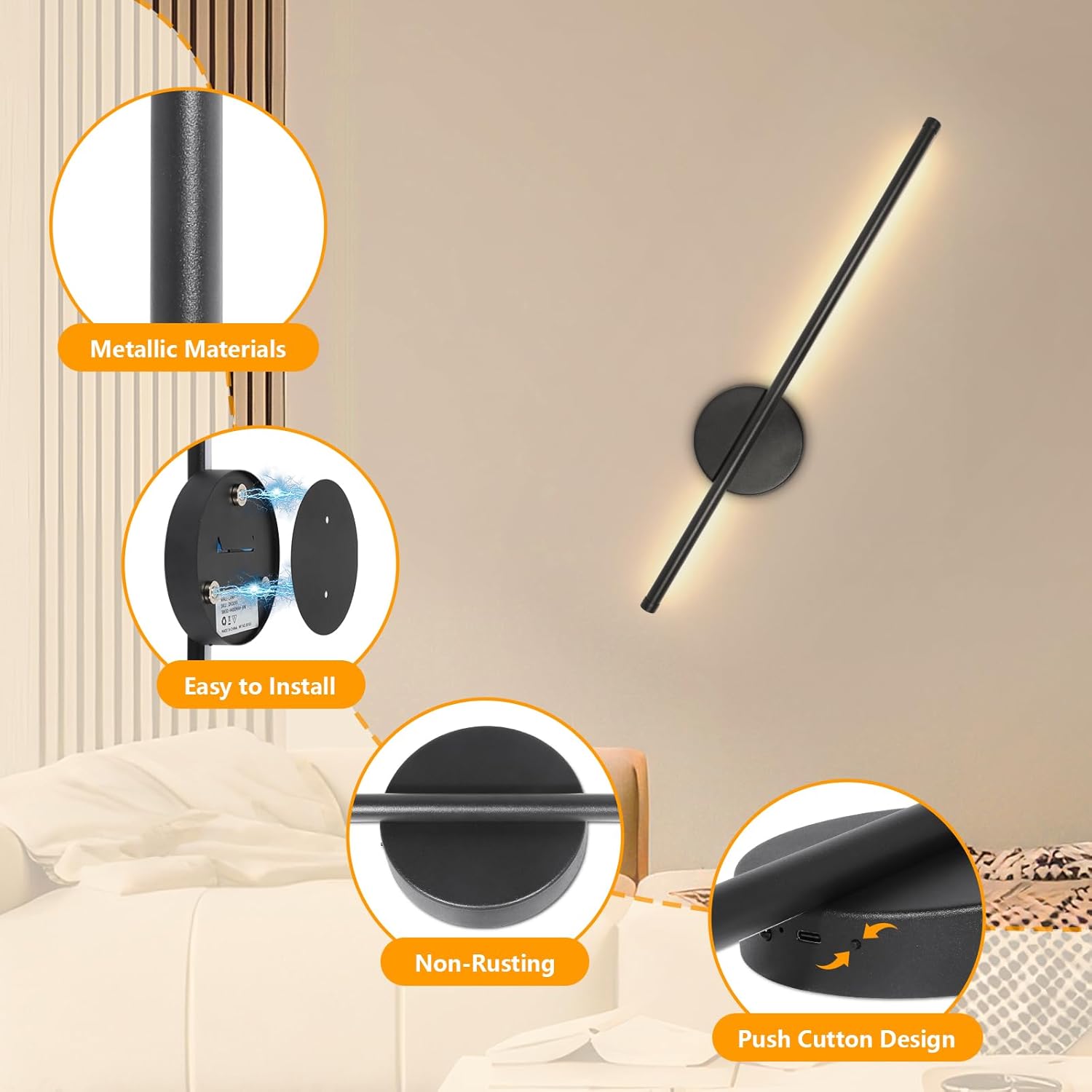 Detalle de Dehobo Rechargeable Wall Sconce Lights (2-pack) – 3 colour temps, wireless with remote, dimmable, 60cm