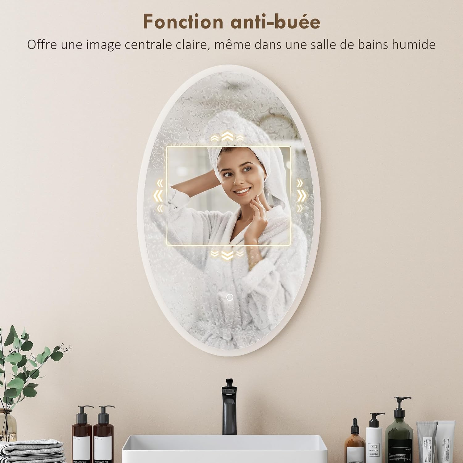Detalle de HOMCOM miroir de salle de bain LED ovale 80x50 cm avec anti-buée, 3 températures, dimmable et mémoire