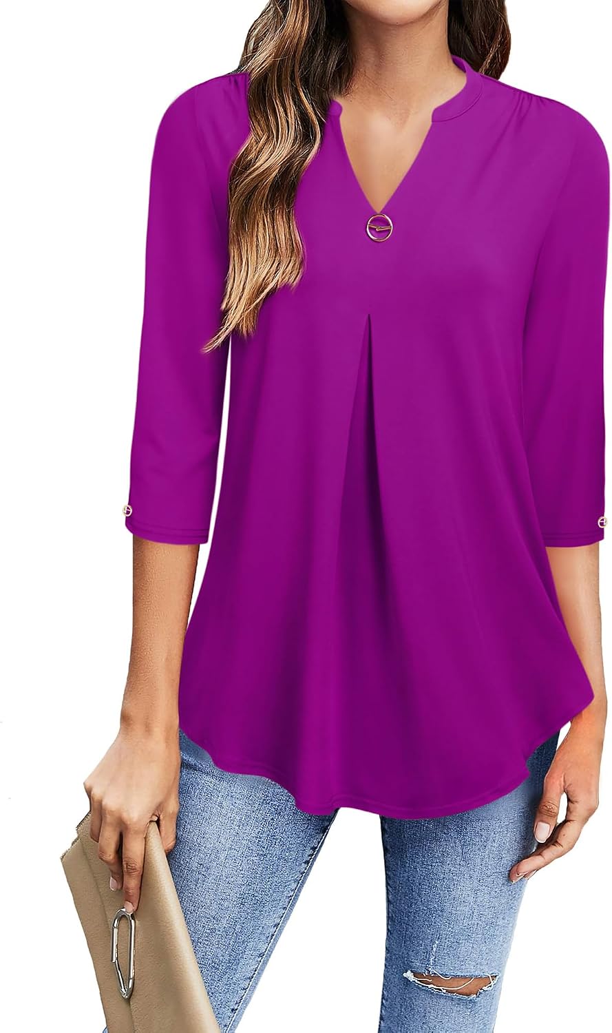 Thumbnail 6 de Gaharu Damen Bluse 3/4 Arm – elegante V-Ausschnitt Tunika langes Top, Flowy, Jersey-Strick
