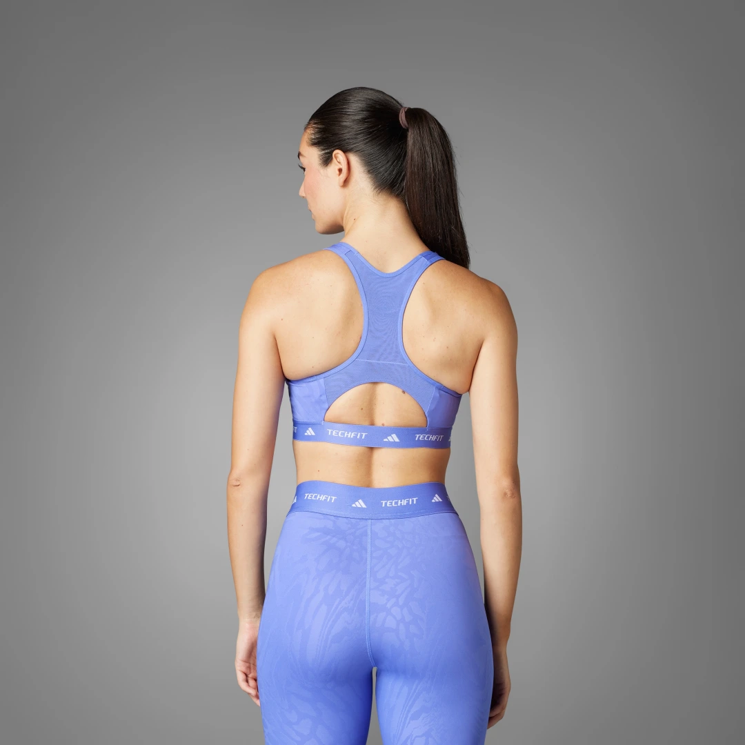 Thumbnail 1 de Sujetador Techfit Medium-Support High-Neck Print de Adidas: soporte medio y cuello alto en diseño estampado azul