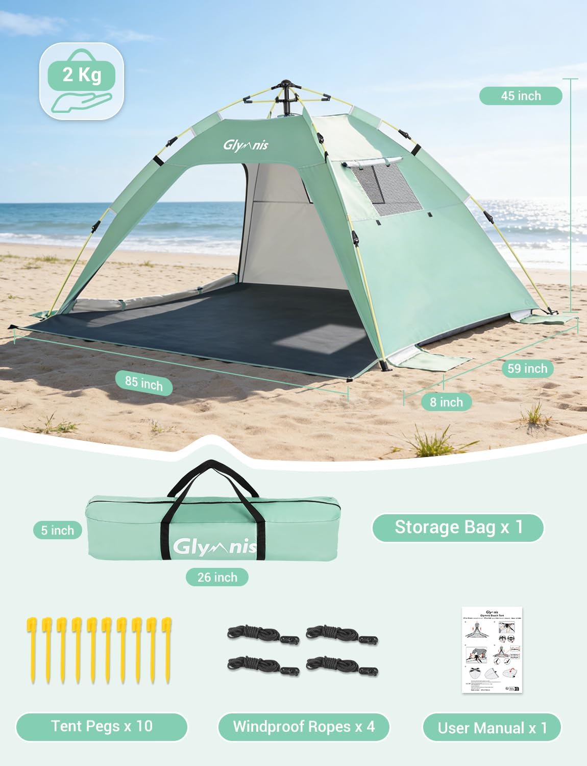 Thumbnail 1 de Glymnis Strandmuschel Quick Up Strandzelt – 3 bis 4 Personen, UV-Schutz 50+, automatischer Aufbau