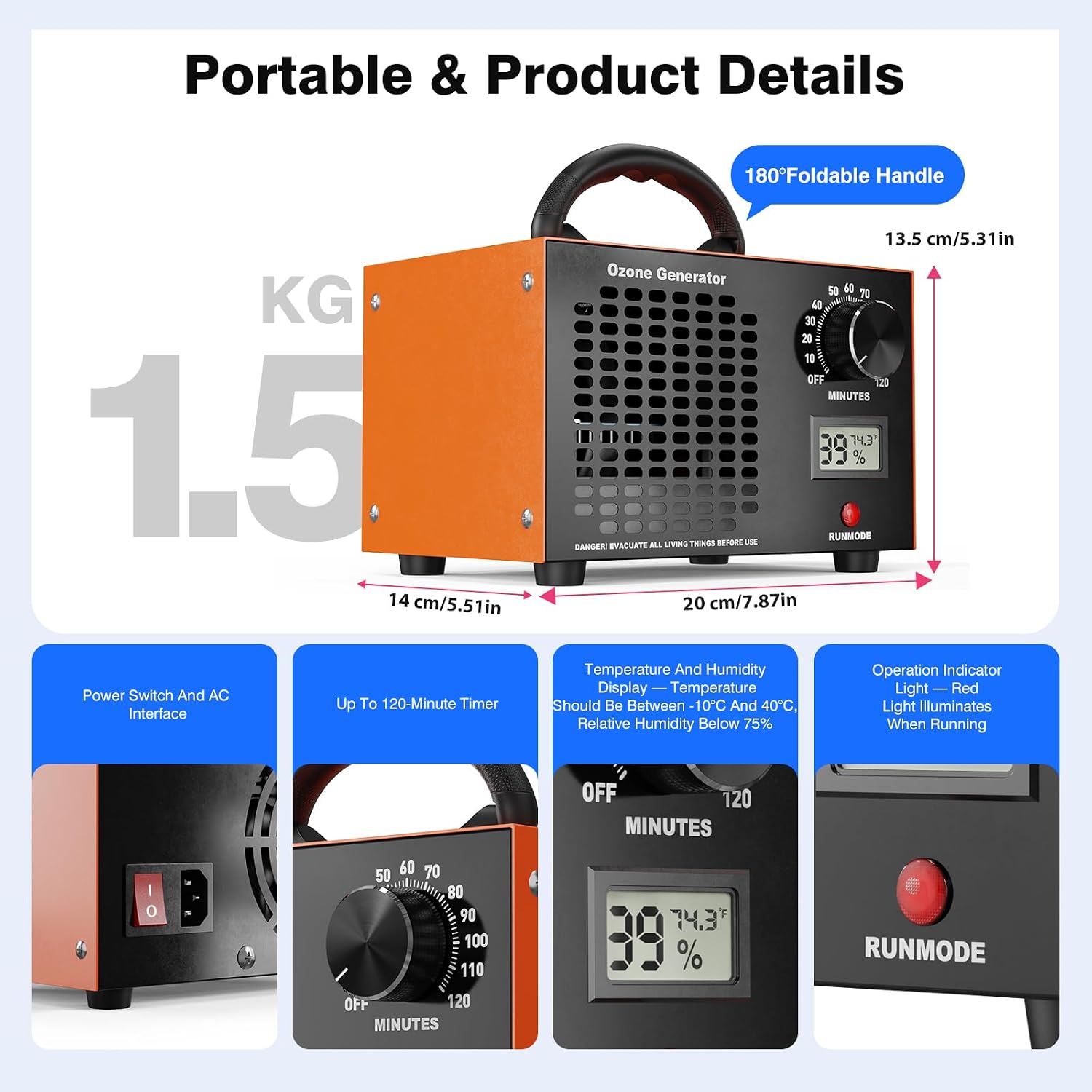 Detalle de AIYATO SS-Y01 Ozone Generator, 120,000 mg/h, 120-Minute Timer & Display