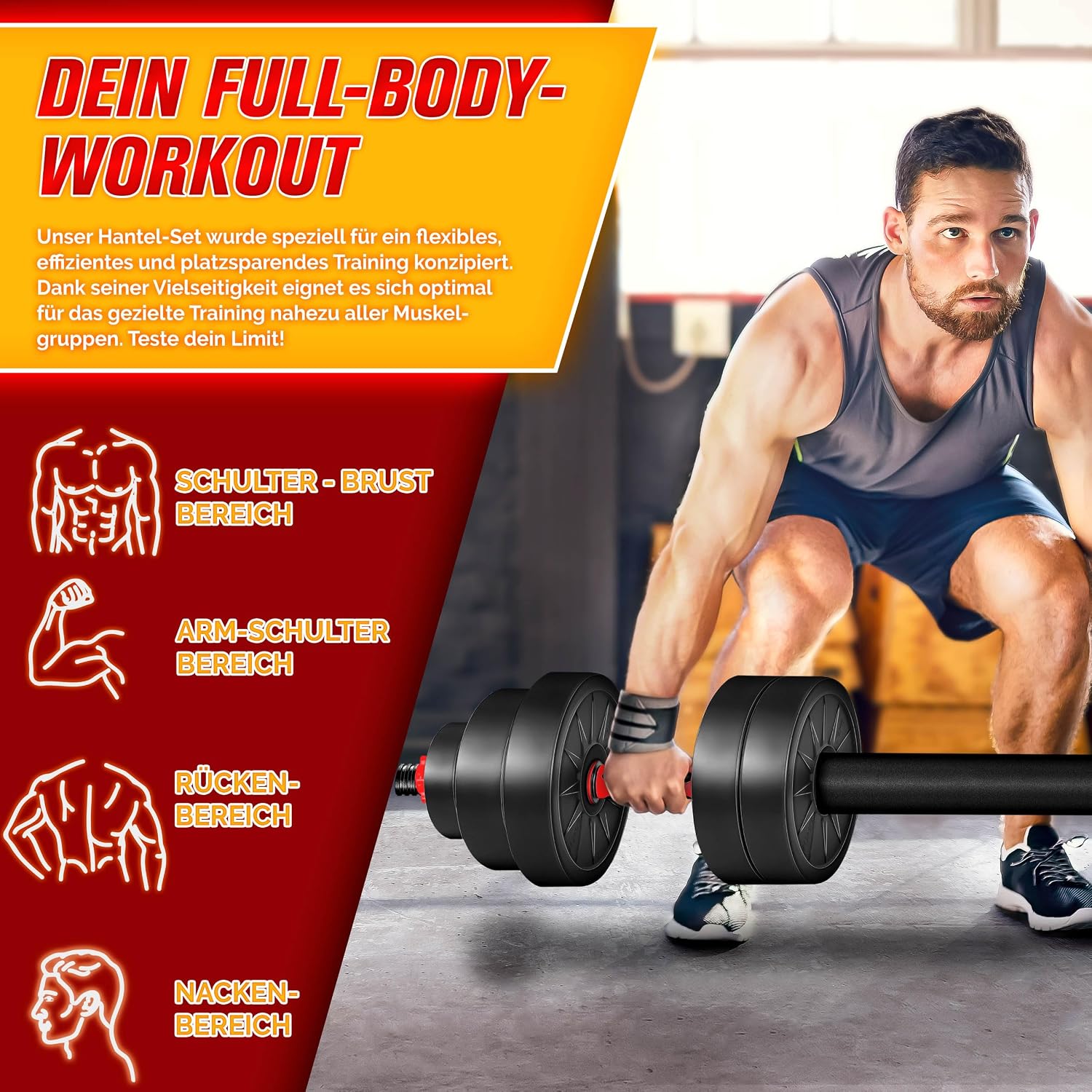 Detalle de RE:SPORT 2-in-1 Hantelset 15–30 kg – Kurzhantel & Langhantel mit 400-mm Verbindungsrohr