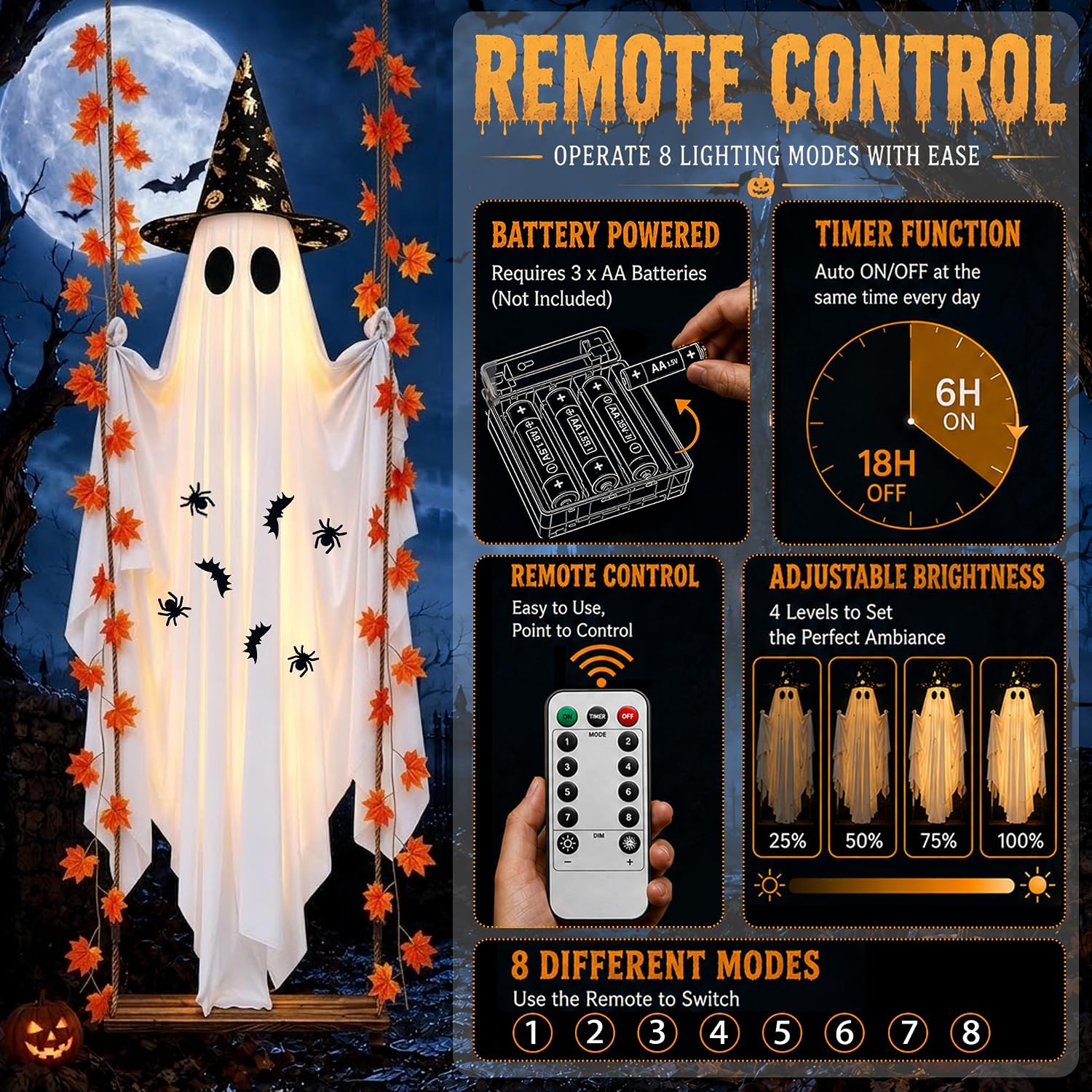 Thumbnail 3 de Mildstrike HY-54FT 5.4-Foot Hanging Halloween Ghost with 8-Mode LED Lights