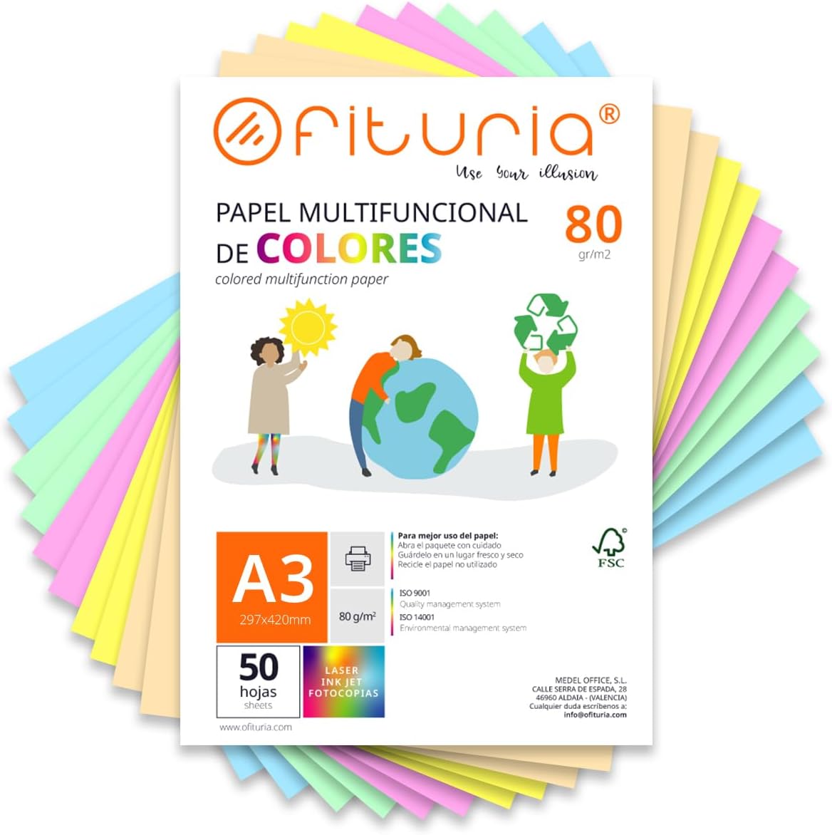 Detalle de Feuilles de couleur Pack 50 A3 80 g – Papier couleur pour loisirs créatifs, imprimante et scrapbooking (Assortiment Pastel)