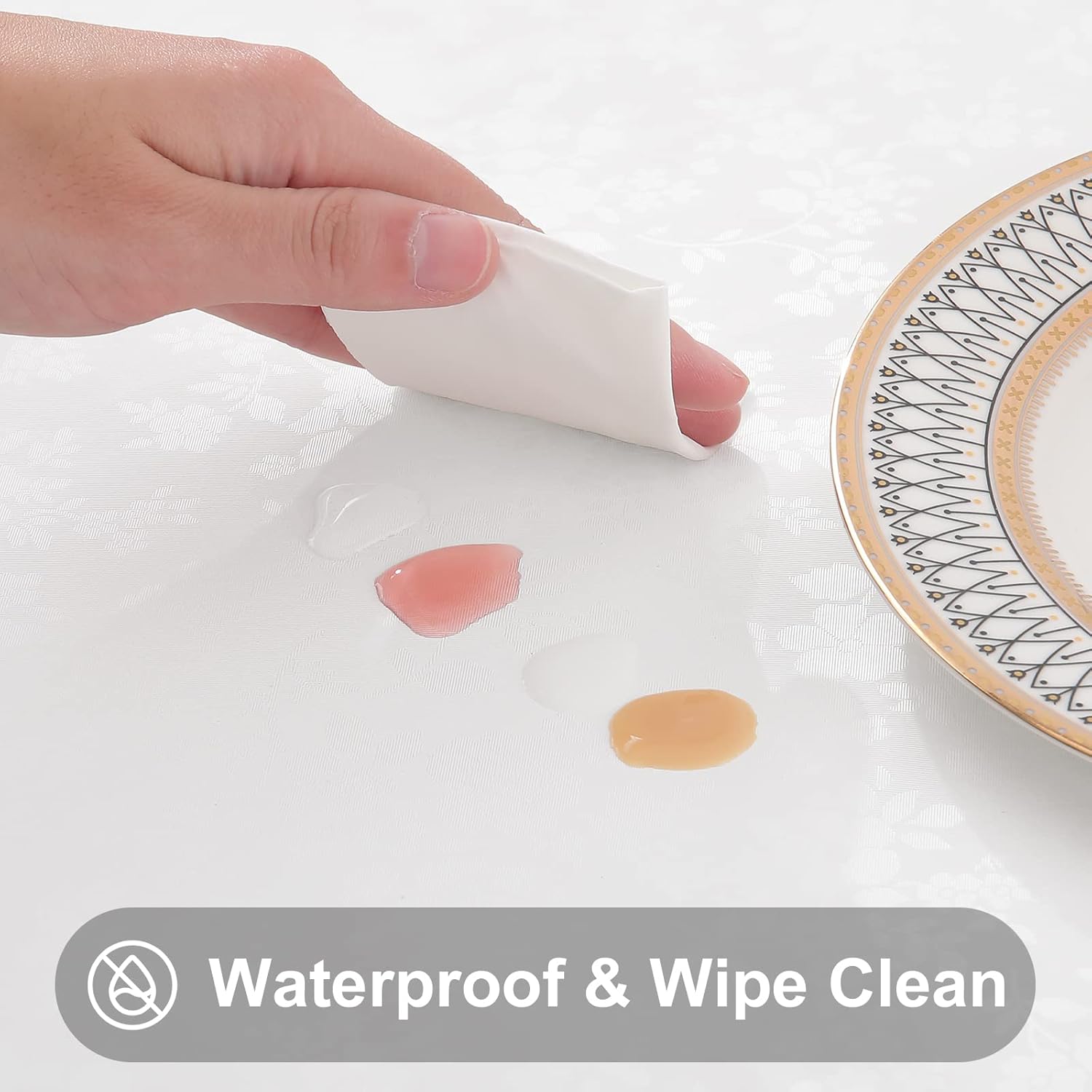 Detalle de Smiry Round Table Cloth, 70" x 70" White Waterproof Heavy-Duty Vinyl Cover