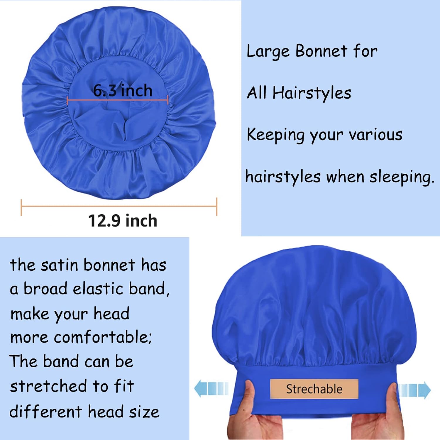Thumbnail 3 de 3 Pack Satin Silk Hair Bonnet for Sleeping – Soft, Large Wide Band for Curly Hair & Braids