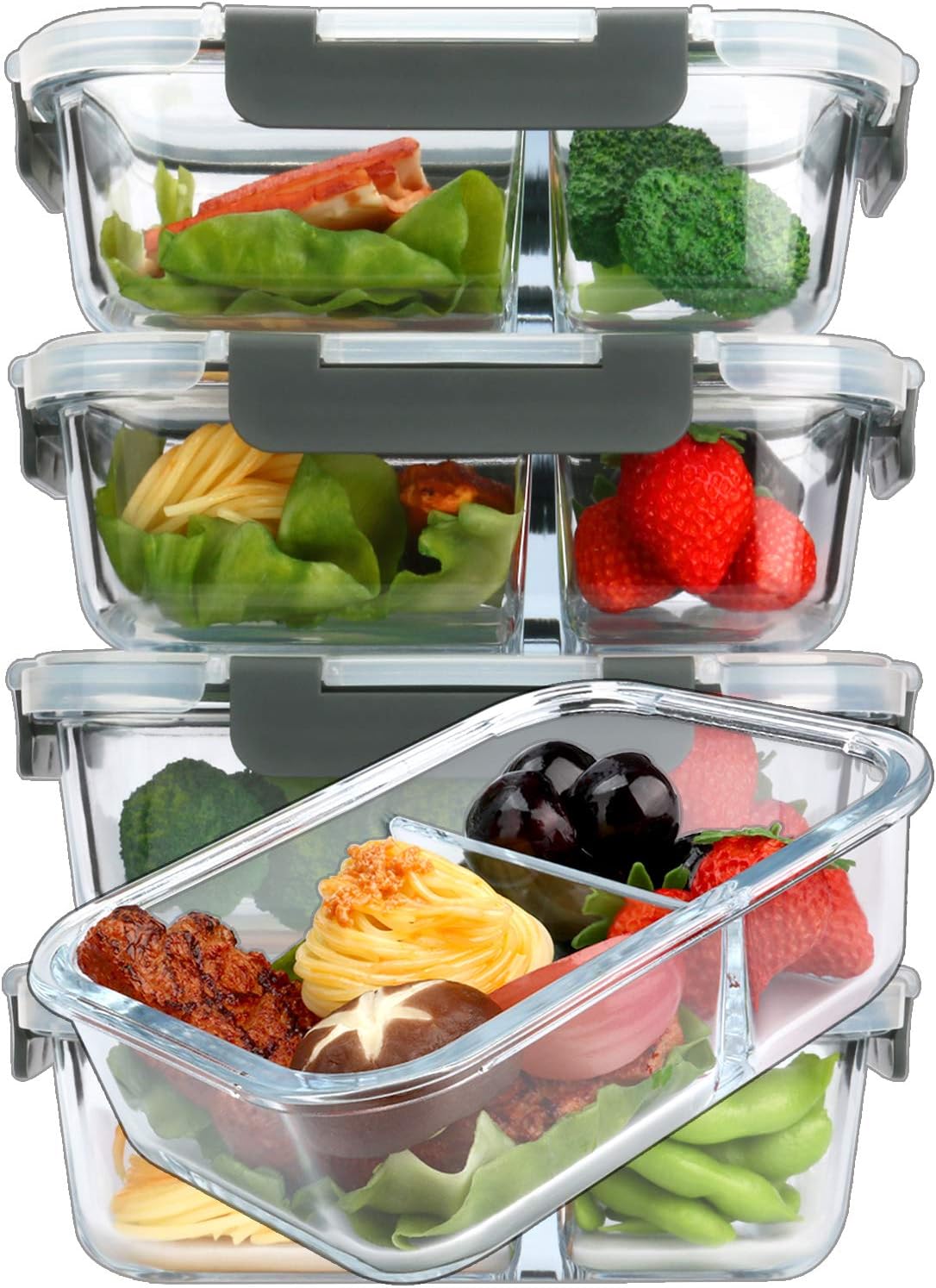 Detalle de MCIRCO 5-Pack Glass Meal Prep Containers, 2-Compartment (36 oz total) with Upgraded Snap Lock Lids