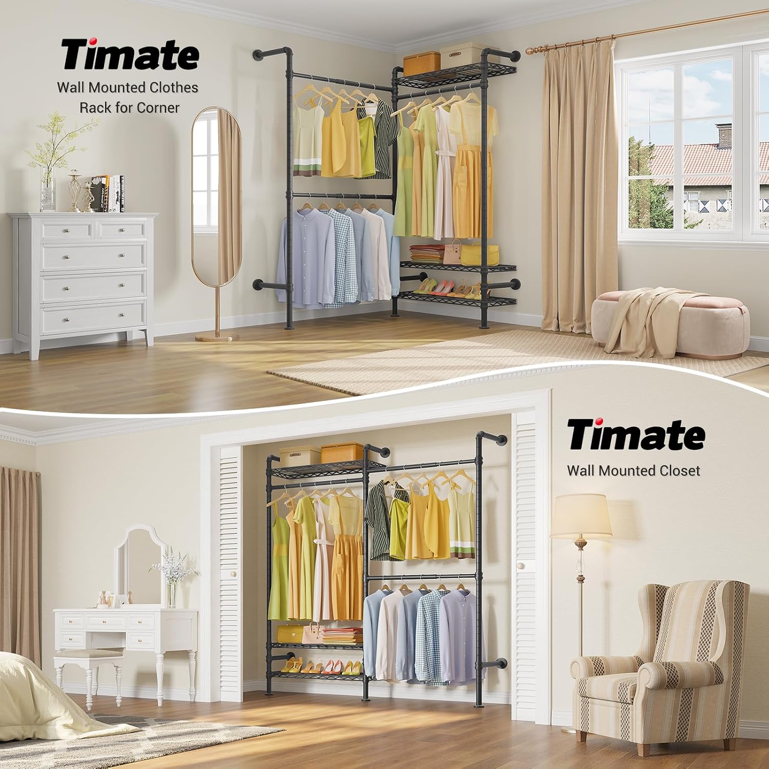 Detalle de Timate F2 Black Industrial Pipe Clothing Rack, 3 Shelves and Expandable Rods